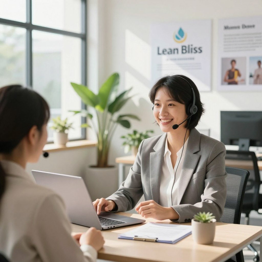 A bright and inviting customer service environment showcasing a representative of Lean Bliss. In the foreground, a friendly human figure, dressed in professional business attire, engages warmly with a customer, seated at a sleek desk with a laptop open. The middle ground features a modern office space filled with greenery and calming decor, hinting at a wellness-focused brand. Bright natural light filters through large windows, casting soft shadows that enhance the welcoming atmosphere. The background should include subtle elements like a wall displaying customer testimonials and product images, reinforcing the idea of reliability and support. Overall, capture a warm, empathetic mood that conveys trust and professionalism in customer service. A bright and inviting customer service environment showcasing a representative of Lean Bliss. In the foreground, a friendly human figure, dressed in professional business attire, engages warmly with a customer, seated at a sleek desk with a laptop open. The middle ground features a modern office space filled with greenery and calming decor, hinting at a wellness-focused brand. Bright natural light filters through large windows, casting soft shadows that enhance the welcoming atmosphere. The background should include subtle elements like a wall displaying customer testimonials and product images, reinforcing the idea of reliability and support. Overall, capture a warm, empathetic mood that conveys trust and professionalism in customer service.