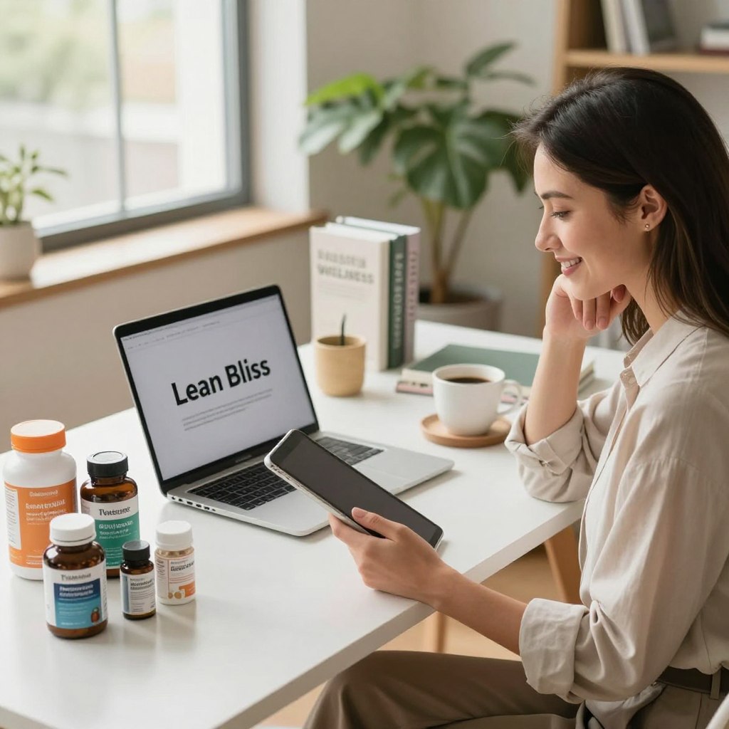 A bright and inviting office space showcasing a stylish desk with a laptop displaying "Lean Bliss" on its screen, surrounded by wellness products like bottles and supplements. In the foreground, a professional woman in smart casual attire is thoughtfully analyzing purchase options, holding a tablet, looking pleased and engaged. In the middle ground, the desk features a coffee cup and inspirational wellness books. The background has soft-focus greenery and warm, natural lighting filtering through a large window, creating an atmosphere of tranquility and wellbeing. The composition should convey a sense of empowerment and positivity, inviting viewers to explore the options for achieving blissful wellness. Use a slightly elevated angle to capture the scene with clarity and detail. A bright and inviting office space showcasing a stylish desk with a laptop displaying "Lean Bliss" on its screen, surrounded by wellness products like bottles and supplements. In the foreground, a professional woman in smart casual attire is thoughtfully analyzing purchase options, holding a tablet, looking pleased and engaged. In the middle ground, the desk features a coffee cup and inspirational wellness books. The background has soft-focus greenery and warm, natural lighting filtering through a large window, creating an atmosphere of tranquility and wellbeing. The composition should convey a sense of empowerment and positivity, inviting viewers to explore the options for achieving blissful wellness. Use a slightly elevated angle to capture the scene with clarity and detail.