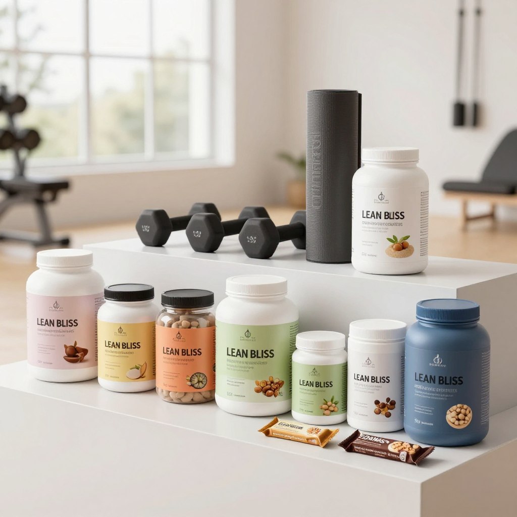 A clean and modern display of Lean Bliss Products, featuring a variety of health supplements and fitness accessories. In the foreground, showcase a neatly arranged selection of colorful protein powders, vitamins, and wellness bars in sleek containers with minimalist design. The middle section highlights a fitness toolkit, including dumbbells and a yoga mat. In the background, a bright and airy gym environment with large windows letting in natural light enhances the scene. Use soft, diffused lighting to create a motivating and uplifting atmosphere, suggesting an active lifestyle. The camera angle should be slightly elevated, capturing the products in a dynamic layout, inviting the viewer to explore the potential of Lean Bliss in their fitness journey. A clean and modern display of Lean Bliss Products, featuring a variety of health supplements and fitness accessories. In the foreground, showcase a neatly arranged selection of colorful protein powders, vitamins, and wellness bars in sleek containers with minimalist design. The middle section highlights a fitness toolkit, including dumbbells and a yoga mat. In the background, a bright and airy gym environment with large windows letting in natural light enhances the scene. Use soft, diffused lighting to create a motivating and uplifting atmosphere, suggesting an active lifestyle. The camera angle should be slightly elevated, capturing the products in a dynamic layout, inviting the viewer to explore the potential of Lean Bliss in their fitness journey.