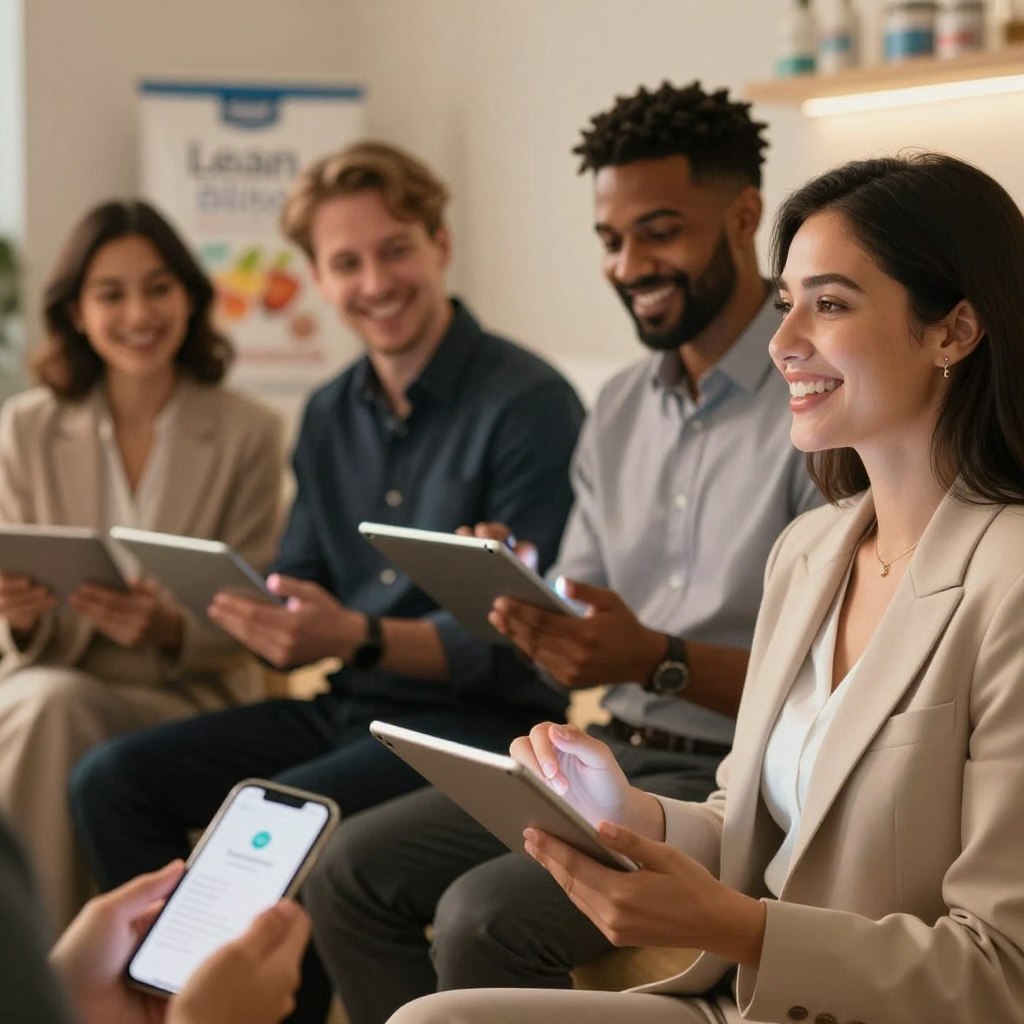 A composition showcasing a diverse group of individuals in a professional setting, each holding a tablet or smartphone, with glowing expressions indicating satisfaction and positivity. In the foreground, a smiling woman in business attire enthusiastically shares her testimonial. The middle ground features two men and a woman engaged in animated conversation, emphasizing connection and community. In the background, soft-focus images of Lean Bliss supplement packaging subtly enhance the authenticity of the scene. Warm lighting casts a welcoming glow over the setting, evoking a sense of trust and reliability, while a slight depth of field adds an intimate feel. The overall mood reflects optimism and genuine appreciation, perfect for illustrating customer satisfaction. A composition showcasing a diverse group of individuals in a professional setting, each holding a tablet or smartphone, with glowing expressions indicating satisfaction and positivity. In the foreground, a smiling woman in business attire enthusiastically shares her testimonial. The middle ground features two men and a woman engaged in animated conversation, emphasizing connection and community. In the background, soft-focus images of Lean Bliss supplement packaging subtly enhance the authenticity of the scene. Warm lighting casts a welcoming glow over the setting, evoking a sense of trust and reliability, while a slight depth of field adds an intimate feel. The overall mood reflects optimism and genuine appreciation, perfect for illustrating customer satisfaction.