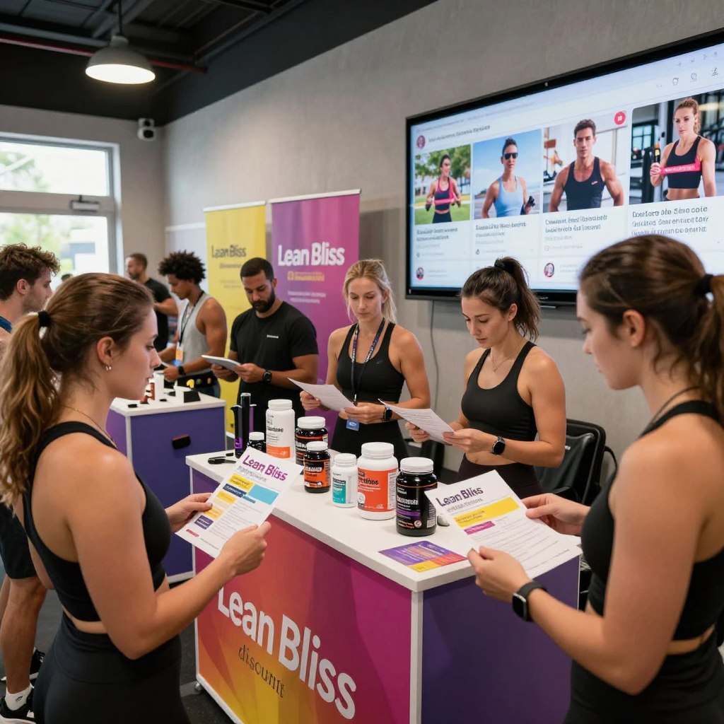 A dynamic and engaging scene showcasing "Lean Bliss discounts" in a modern fitness environment. In the foreground, a diverse group of individuals wearing professional casual attire share their fitness achievements while examining colorful promotional materials featuring discount offers. The middle ground features a sleek display table adorned with health supplements and fitness equipment, surrounded by vibrant banners highlighting "Lean Bliss" branding. In the background, large screens display social media feeds filled with fitness influencers promoting the discounts, creating an energetic and interactive atmosphere. Soft, natural lighting from overhead sources illuminates the space, creating an inviting mood, as if capturing a lively health expo. The angle should be slightly elevated to encompass the entire scene, emphasizing community engagement and the power of social media in fitness promotions. A dynamic and engaging scene showcasing "Lean Bliss discounts" in a modern fitness environment. In the foreground, a diverse group of individuals wearing professional casual attire share their fitness achievements while examining colorful promotional materials featuring discount offers. The middle ground features a sleek display table adorned with health supplements and fitness equipment, surrounded by vibrant banners highlighting "Lean Bliss" branding. In the background, large screens display social media feeds filled with fitness influencers promoting the discounts, creating an energetic and interactive atmosphere. Soft, natural lighting from overhead sources illuminates the space, creating an inviting mood, as if capturing a lively health expo. The angle should be slightly elevated to encompass the entire scene, emphasizing community engagement and the power of social media in fitness promotions.