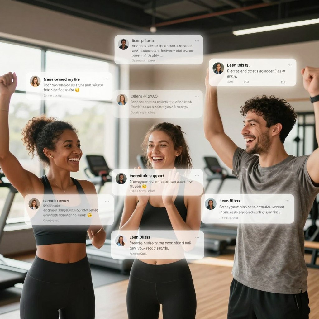 A dynamic collage depicting diverse Lean Bliss users sharing their success stories. In the foreground, a diverse group of three individuals, including a fit woman in professional activewear and two men in casual yet modest athletic clothing, joyously sharing their fitness journeys. In the middle, glowing testimonials written on floating, translucent cards that highlight key phrases like "transformed my life" and "incredible support". The background features a warm, inviting gym environment with soft natural lighting pouring in through large windows, enhancing the uplifting atmosphere. Use a lens with a slightly blurred effect that focuses on the people in the foreground, creating a sense of depth and connection. The overall mood should be motivational and inspiring, reflecting success and community.