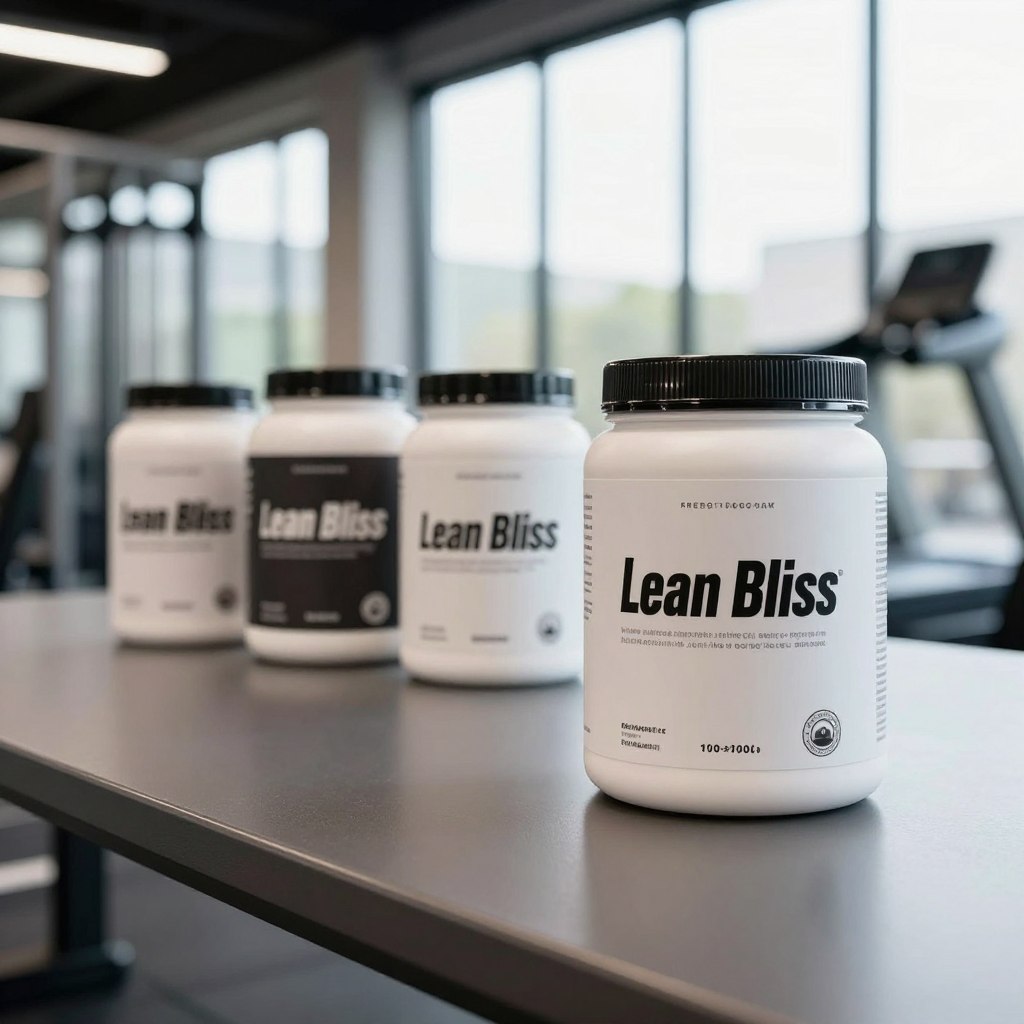 A dynamic comparison image showcasing "Lean Bliss" alongside its competitors in a fitness-themed setting. In the foreground, feature a sleek, modern container of Lean Bliss, prominently displayed on a polished table. In the middle ground, arrange three competing supplement containers, subtly distinct yet less visually appealing, further away to emphasize Lean Bliss's superiority. The background depicts a contemporary gym environment with bright, natural lighting filtering through large windows, reflecting an energetic and motivating atmosphere. Capture the scene from a low-angle perspective to enhance the prominence of Lean Bliss and evoke a sense of aspiration. Overall, aim for a clean, professional look that conveys health, vitality, and the unlocking of fitness potential.