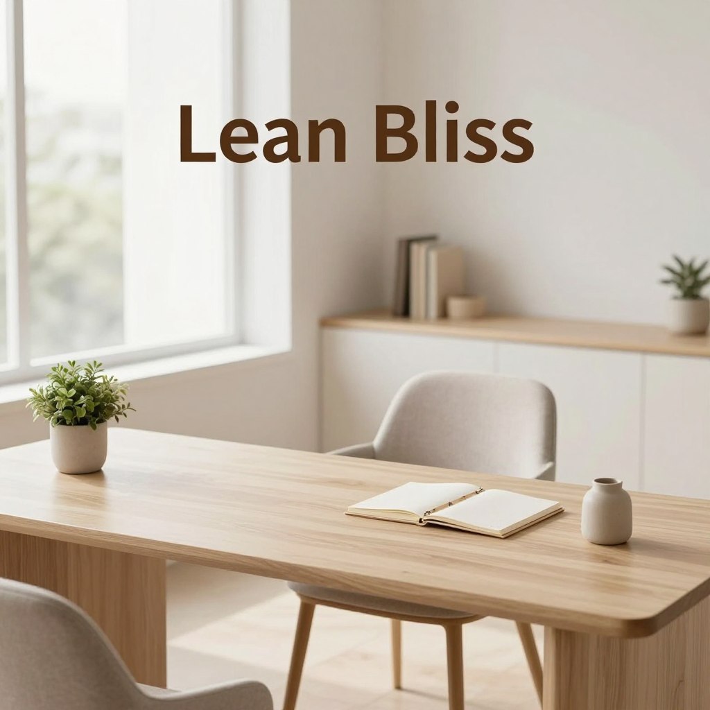 A harmonious composition exemplifying "Lean Bliss," showcasing a minimalist workspace that balances elegance and simplicity. In the foreground, a sleek, modern desk made of light wood, adorned with a few carefully placed decorative elements such as a small potted plant and a minimalistic notebook. The middle layer features a gently lit, cozy chair in soft fabric, emphasizing comfort. The background reveals a bright, airy room with large windows allowing natural light to flood in, creating a serene and inviting atmosphere. The overall color palette is soft and warm, with neutral tones complementing subtle accents. The scene should evoke feelings of tranquility and balance, captured with a wide-angle lens for a spacious perspective, highlighting the relationship between the elements. A harmonious composition exemplifying "Lean Bliss," showcasing a minimalist workspace that balances elegance and simplicity. In the foreground, a sleek, modern desk made of light wood, adorned with a few carefully placed decorative elements such as a small potted plant and a minimalistic notebook. The middle layer features a gently lit, cozy chair in soft fabric, emphasizing comfort. The background reveals a bright, airy room with large windows allowing natural light to flood in, creating a serene and inviting atmosphere. The overall color palette is soft and warm, with neutral tones complementing subtle accents. The scene should evoke feelings of tranquility and balance, captured with a wide-angle lens for a spacious perspective, highlighting the relationship between the elements.
