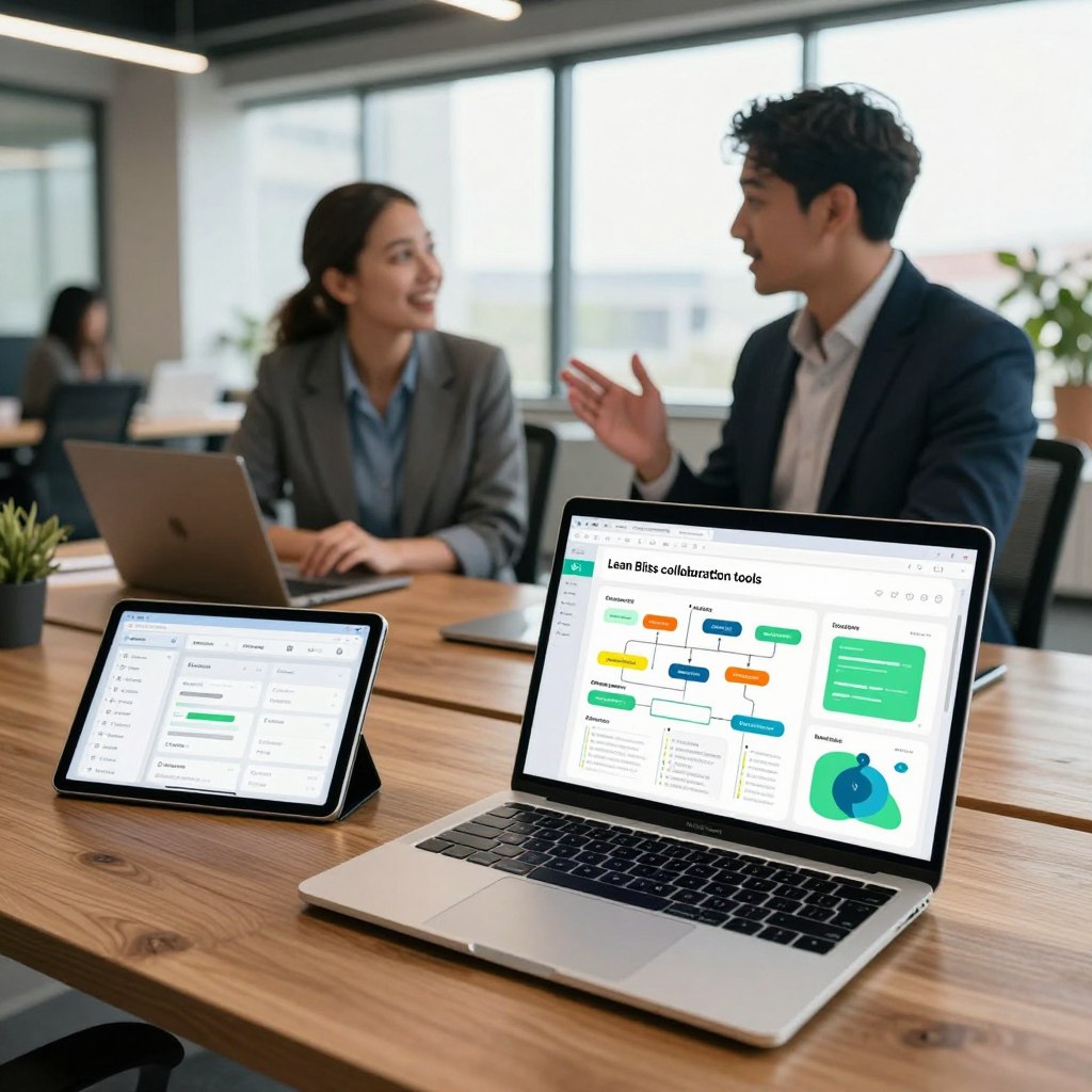 A modern office workspace showcasing "Lean Bliss collaboration tools." In the foreground, a sleek laptop on a polished wooden desk displays an intuitive interface filled with vibrant graphs, flowcharts, and collaborative brainstorming notes. To the side, a digital tablet features innovative task management features. In the middle ground, a diverse group of two professionals, one man and one woman, engaged in a discussion, both dressed in smart business attire, with expressions of focus and excitement. The background consists of large windows that let in warm natural light, illuminating the workspace and enhancing a sense of productivity. The atmosphere is lively, emphasizing team collaboration and innovative technology, with a color palette of blues and greens to evoke a sense of calm and efficiency. The angle is slightly elevated, giving a comprehensive view of the tools and interaction.