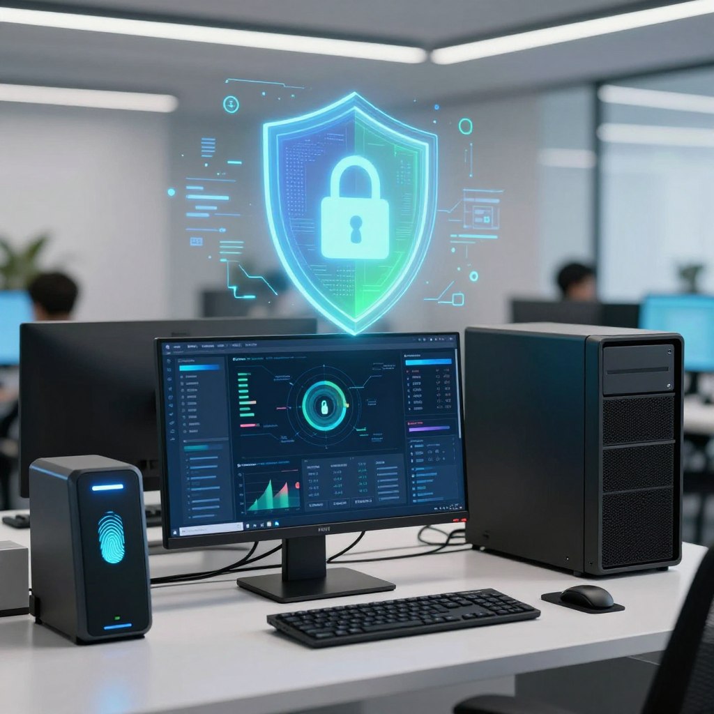 A modern, sleek digital workspace illustrating advanced security measures for an online platform. In the foreground, a sophisticated computer workstation displays security analytics with graphs and alerts, surrounded by high-tech gadgets like fingerprint scanners and a secure server. In the middle ground, an abstract digital shield symbolizes cybersecurity, glowing softly with blue and green hues. The background features a blurred office environment with soft lighting, evoking a sense of professionalism and trust. The overall atmosphere is calm yet vigilant, conveying reliability and a commitment to safety. The image should have a clean, contemporary aesthetic, focusing on technology and security without any text or human figures.