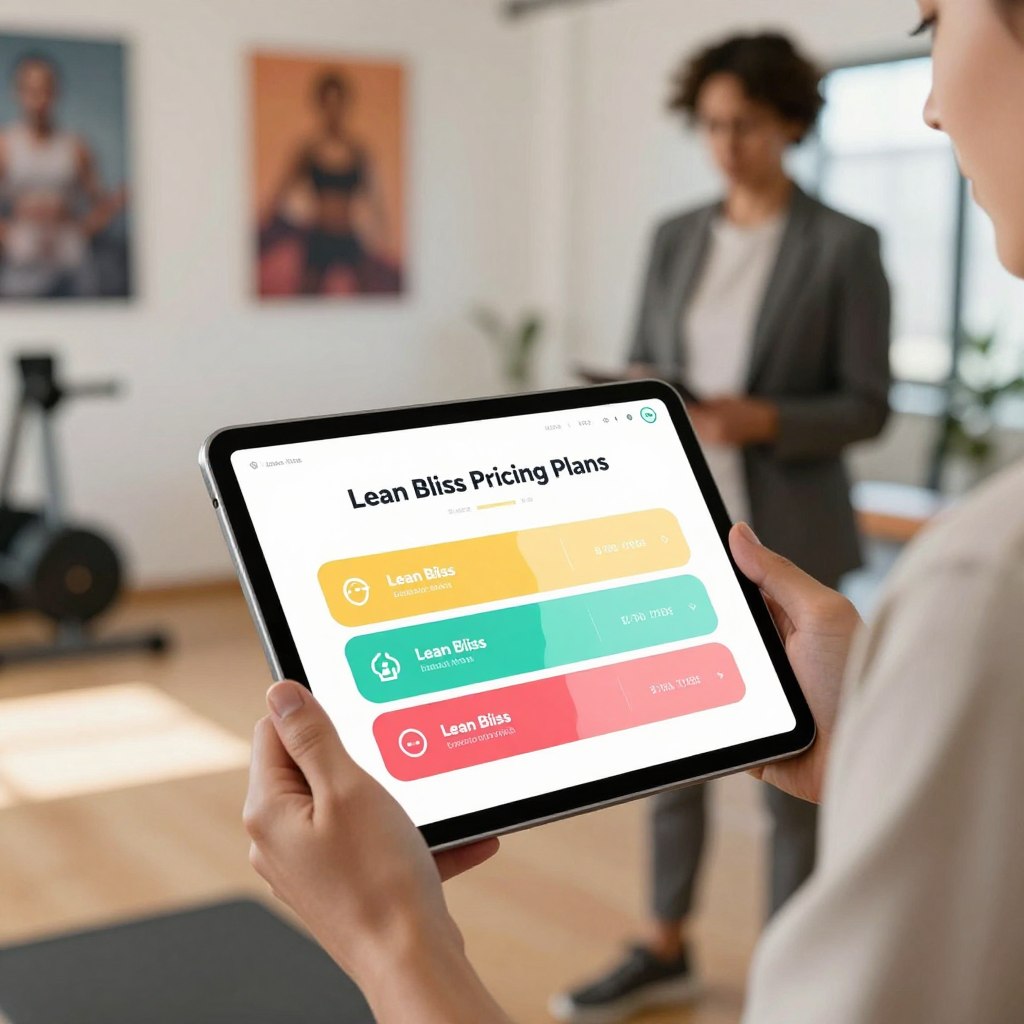 A modern, visually appealing layout of the "Lean Bliss Pricing Plans" presented on a sleek, digital tablet. The foreground features the tablet displaying three distinct pricing tiers, each styled with minimalist icons and vibrant colors. The middle ground includes a professional business person, dressed in smart casual attire, thoughtfully reviewing the plans. The background consists of a softly blurred, bright fitness studio setting with motivational posters on the walls, enhancing the fitness theme. Soft, natural lighting illuminates the scene, creating a warm and inviting atmosphere. The angle is slightly elevated, focusing on the tablet and the individual’s engagement with it while capturing the overall professionalism of the fitness app concept. The image conveys practicality and accessibility, emphasizing the value of the "Lean Bliss" app.
