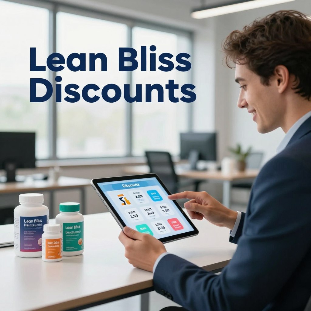 A modern, visually appealing promotional image for "Lean Bliss Discounts" set in a stylish office environment. In the foreground, a well-dressed business professional with a friendly expression is engaging with a digital tablet, showcasing appealing discount graphics related to Lean Bliss products. In the middle ground, a sleek desk with health-related products neatly arranged, including supplements and wellness items, enhances the focus on the promotional aspect. The background features large windows allowing soft, natural light to flood the room, creating an optimistic and inviting atmosphere. The overall mood is vibrant and professional, emphasizing the excitement of savings and wellness. The image is framed with a shallow depth of field to draw attention to the subject and the promotional items, creating a sophisticated and engaging visual narrative without any text or logos. A modern, visually appealing promotional image for "Lean Bliss Discounts" set in a stylish office environment. In the foreground, a well-dressed business professional with a friendly expression is engaging with a digital tablet, showcasing appealing discount graphics related to Lean Bliss products. In the middle ground, a sleek desk with health-related products neatly arranged, including supplements and wellness items, enhances the focus on the promotional aspect. The background features large windows allowing soft, natural light to flood the room, creating an optimistic and inviting atmosphere. The overall mood is vibrant and professional, emphasizing the excitement of savings and wellness. The image is framed with a shallow depth of field to draw attention to the subject and the promotional items, creating a sophisticated and engaging visual narrative without any text or logos.