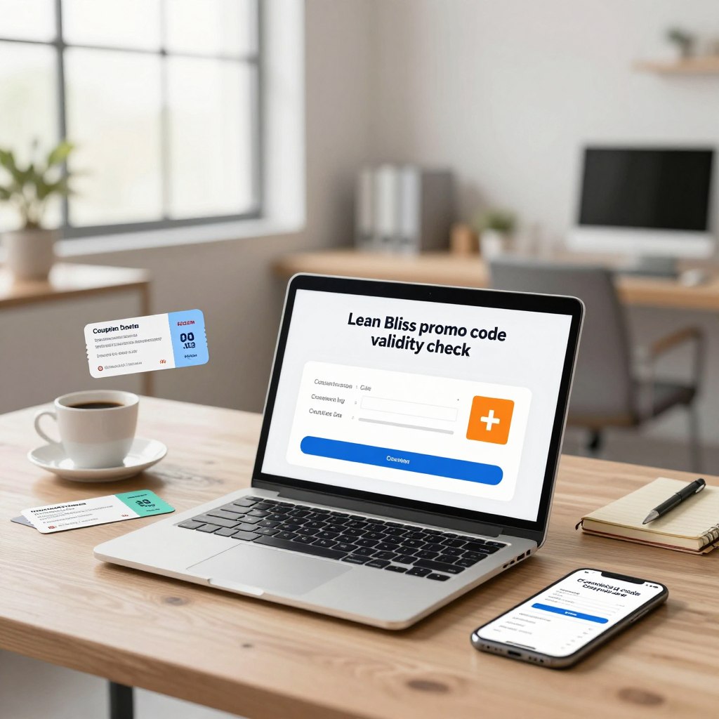 A professional business setting featuring a modern workspace, illustrated to represent a "Lean Bliss promo code validity check". In the foreground, a sleek laptop displays a digital interface showing an expiration date checker for coupons. Surrounding the laptop, a few physical coupons and a smartphone indicate active saving opportunities. The middle ground includes subtle elements like a cup of coffee and notepad with a pen, enhancing the focus on productivity. In the background, a well-organized office with soft, natural lighting filtering through large windows, creating a warm and inviting atmosphere. The mood is focused and encouraging, reflecting the excitement of unlocking savings through coupon validity checks. The scene is devoid of any text, ensuring a clean and professional image. A professional business setting featuring a modern workspace, illustrated to represent a "Lean Bliss promo code validity check". In the foreground, a sleek laptop displays a digital interface showing an expiration date checker for coupons. Surrounding the laptop, a few physical coupons and a smartphone indicate active saving opportunities. The middle ground includes subtle elements like a cup of coffee and notepad with a pen, enhancing the focus on productivity. In the background, a well-organized office with soft, natural lighting filtering through large windows, creating a warm and inviting atmosphere. The mood is focused and encouraging, reflecting the excitement of unlocking savings through coupon validity checks. The scene is devoid of any text, ensuring a clean and professional image.