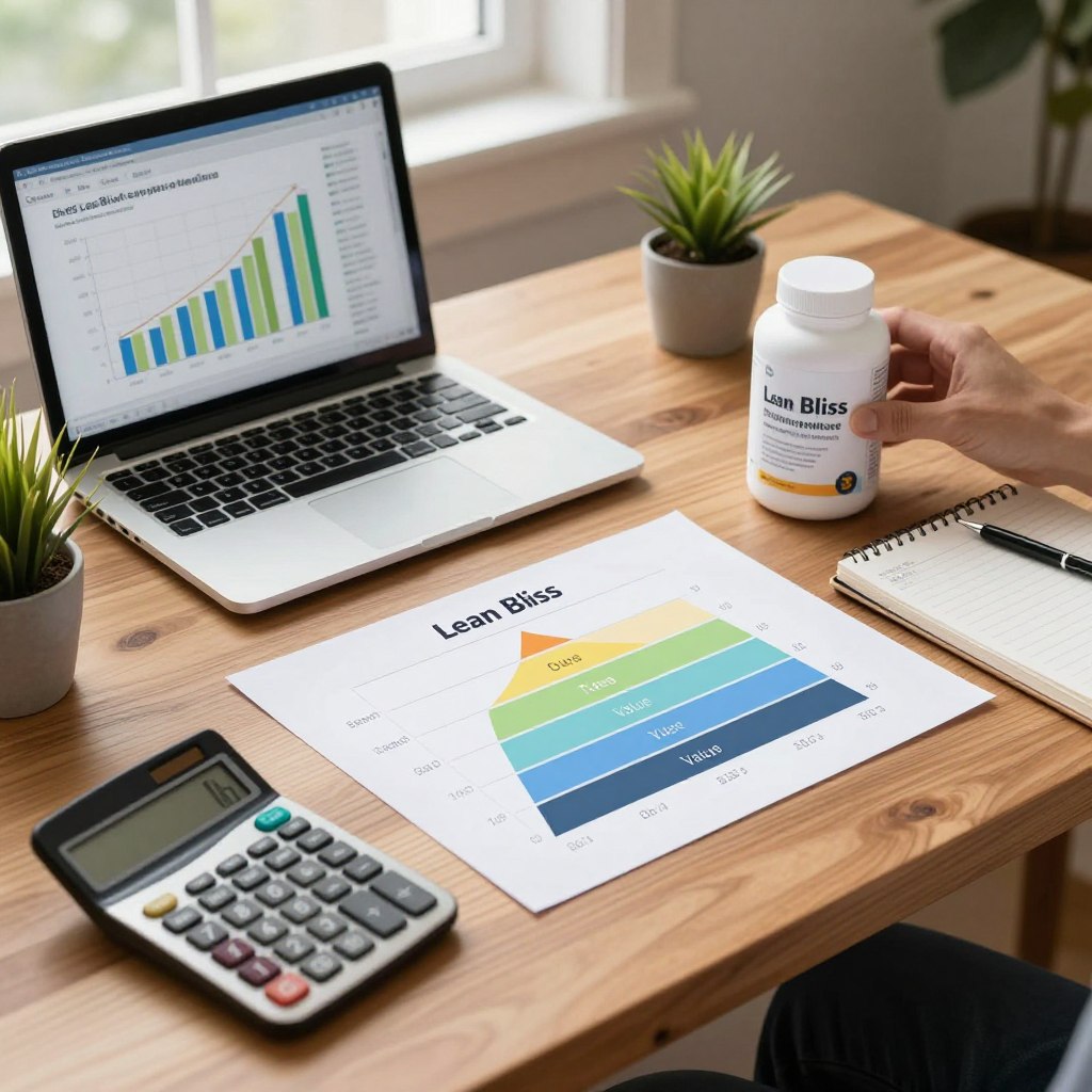 A professional workspace featuring a sleek wooden desk, adorned with a laptop displaying detailed graphs of the Lean Bliss supplement cost analysis. In the foreground, a stylish calculator and a notepad with figures and notes rest beside a small potted plant for a touch of greenery. In the middle, an elegant infographic of the Lean Bliss supplement's pricing tiers and value comparisons is laid out, clearly illustrated with visually distinct sections. The background includes soft, natural lighting filtering through a window, lending a warm, inviting atmosphere. The scene conveys a sense of focus and clarity, suitable for an analytical discussion on the supplement's price and value for money. A professional workspace featuring a sleek wooden desk, adorned with a laptop displaying detailed graphs of the Lean Bliss supplement cost analysis. In the foreground, a stylish calculator and a notepad with figures and notes rest beside a small potted plant for a touch of greenery. In the middle, an elegant infographic of the Lean Bliss supplement's pricing tiers and value comparisons is laid out, clearly illustrated with visually distinct sections. The background includes soft, natural lighting filtering through a window, lending a warm, inviting atmosphere. The scene conveys a sense of focus and clarity, suitable for an analytical discussion on the supplement's price and value for money.
