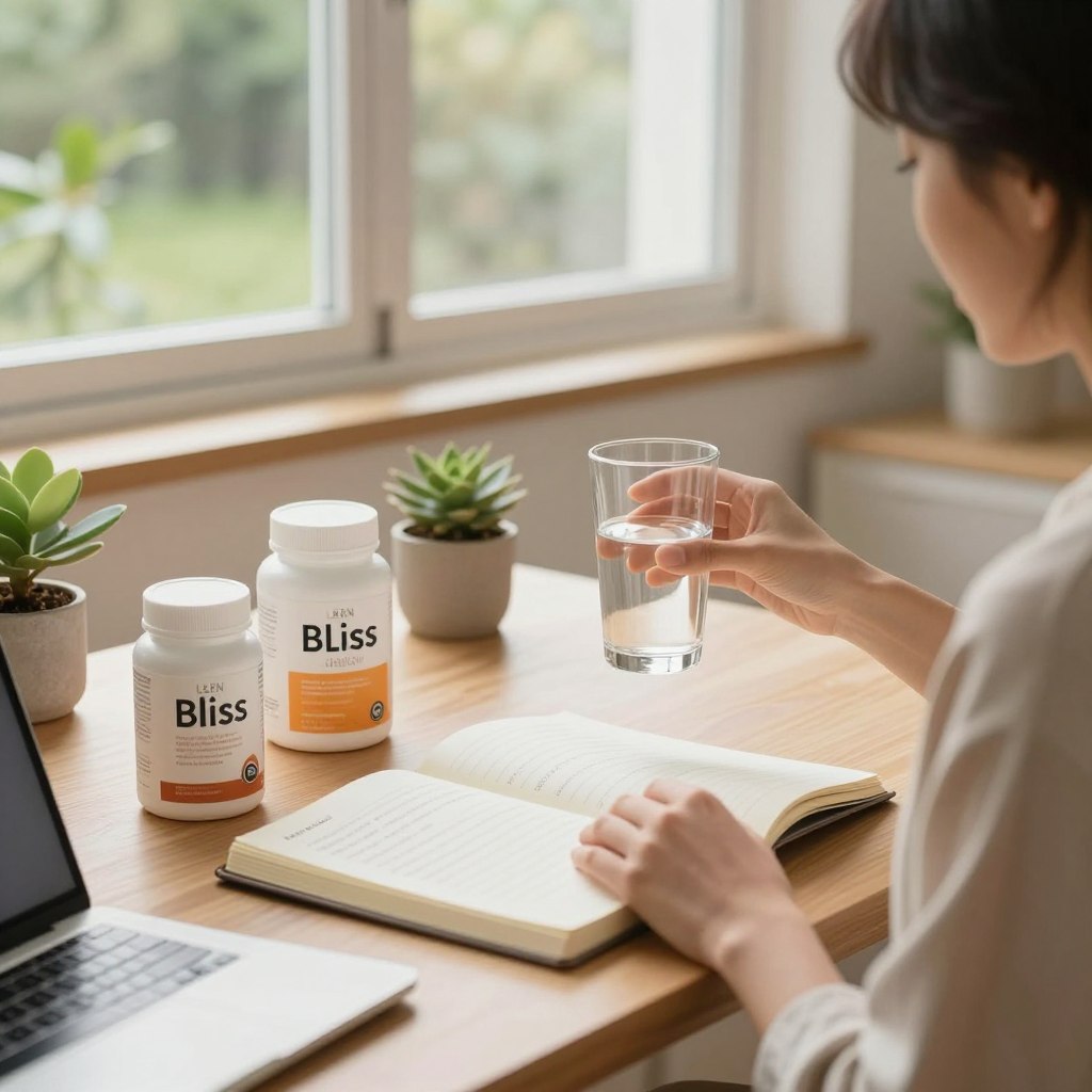 A serene and inviting home workspace filled with natural light, featuring a neatly organized desk with Lean Bliss supplement containers prominently displayed. In the foreground, a person dressed in smart casual attire is thoughtfully taking a supplement alongside a glass of water, exuding a sense of health and mindfulness. The middle ground showcases a small indoor plant and an open notebook filled with wellness goals, emphasizing the routine aspect. In the background, a large window reveals a tranquil outdoor setting with greenery, enhancing the atmosphere of calm and focus. The entire scene is well-lit with soft, warm lighting, creating a peaceful, motivating vibe that encourages self-care and wellness practices. A slight depth of field blurs the background, drawing attention to the focal point of the daily routine. A serene and inviting home workspace filled with natural light, featuring a neatly organized desk with Lean Bliss supplement containers prominently displayed. In the foreground, a person dressed in smart casual attire is thoughtfully taking a supplement alongside a glass of water, exuding a sense of health and mindfulness. The middle ground showcases a small indoor plant and an open notebook filled with wellness goals, emphasizing the routine aspect. In the background, a large window reveals a tranquil outdoor setting with greenery, enhancing the atmosphere of calm and focus. The entire scene is well-lit with soft, warm lighting, creating a peaceful, motivating vibe that encourages self-care and wellness practices. A slight depth of field blurs the background, drawing attention to the focal point of the daily routine.