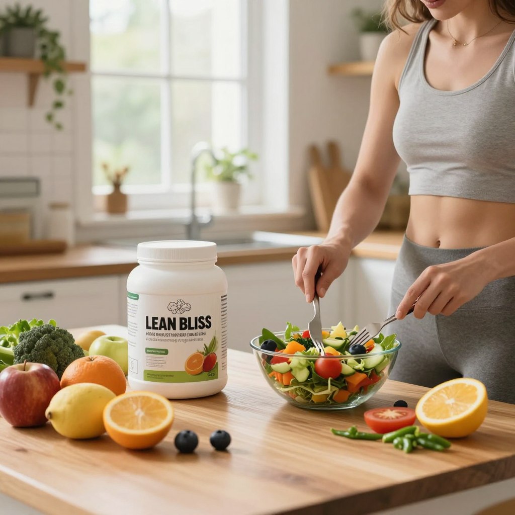 A serene and inviting kitchen scene focusing on healthy weight management, showcasing a well-organized table filled with fresh fruits, vibrant vegetables, and a sleek container of Lean Bliss supplement prominently displayed. In the foreground, a fit individual in modest casual clothing prepares a colorful salad, conveying motivation and wellness. In the middle ground, natural light streams through a window, illuminating the healthy food spread and creating a warm atmosphere. The background features a clean, modern kitchen with subtle greenery to enhance the feeling of health and vitality. The overall mood is uplifting and inspirational, emphasizing a balanced lifestyle and effective weight loss journey. A serene and inviting kitchen scene focusing on healthy weight management, showcasing a well-organized table filled with fresh fruits, vibrant vegetables, and a sleek container of Lean Bliss supplement prominently displayed. In the foreground, a fit individual in modest casual clothing prepares a colorful salad, conveying motivation and wellness. In the middle ground, natural light streams through a window, illuminating the healthy food spread and creating a warm atmosphere. The background features a clean, modern kitchen with subtle greenery to enhance the feeling of health and vitality. The overall mood is uplifting and inspirational, emphasizing a balanced lifestyle and effective weight loss journey.