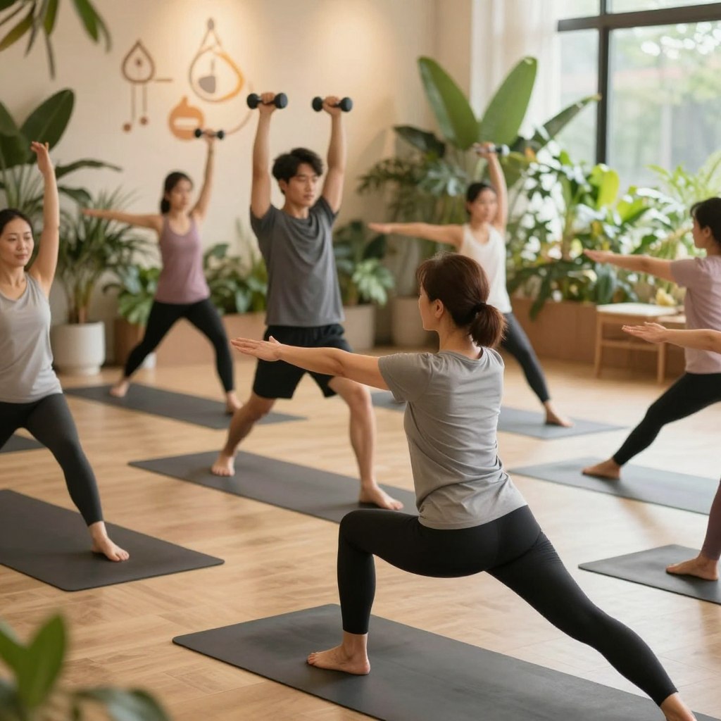 A serene and inviting wellness-oriented space featuring a diverse group of individuals engaged in fitness activities. In the foreground, a middle-aged woman in professional athletic attire demonstrates a yoga pose, exuding a sense of balance and tranquility. In the middle ground, a young man with a focused expression is doing strength training with dumbbells, showcasing dedication to fitness. The background features soft, dream-like elements such as lush greenery and motivational visuals, like abstract icons representing health and wellness. The lighting is warm and natural, enhancing the positive mood and promoting a sense of vitality. Capture this scene from a slightly elevated angle to convey openness and depth, ensuring a harmonious atmosphere that embodies the spirit of fitness and well-being. A serene and inviting wellness-oriented space featuring a diverse group of individuals engaged in fitness activities. In the foreground, a middle-aged woman in professional athletic attire demonstrates a yoga pose, exuding a sense of balance and tranquility. In the middle ground, a young man with a focused expression is doing strength training with dumbbells, showcasing dedication to fitness. The background features soft, dream-like elements such as lush greenery and motivational visuals, like abstract icons representing health and wellness. The lighting is warm and natural, enhancing the positive mood and promoting a sense of vitality. Capture this scene from a slightly elevated angle to convey openness and depth, ensuring a harmonious atmosphere that embodies the spirit of fitness and well-being.