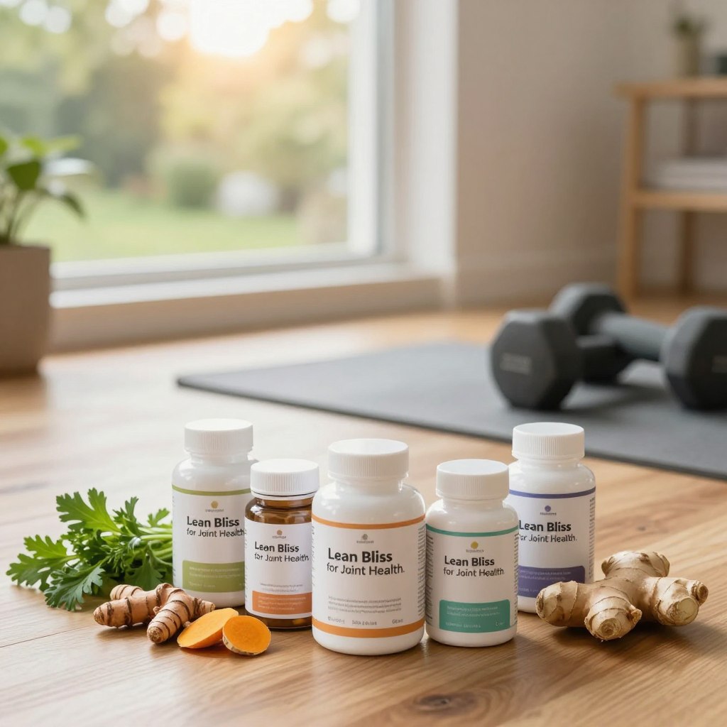 A serene and inviting workspace showcasing "Lean Bliss for Joint Health." In the foreground, a neatly arranged set of premium supplement bottles, elegantly labeled, reflecting a focus on wellness. To the left, fresh green herbs such as turmeric and ginger, symbolizing natural ingredients beneficial for joint health. The middle ground features a well-lit wooden table with a soft-focus yoga mat and a pair of dumbbells, emphasizing an active lifestyle. In the background, a softly blurred window reveals a tranquil garden scene bathed in warm sunlight, creating a calm and uplifting atmosphere. The scene should utilize natural lighting to highlight textures and colors, captured with a shallow depth of field to enhance focal clarity. Overall, the mood is one of harmony and vitality, inspiring a sense of health and wellness. A serene and inviting workspace showcasing "Lean Bliss for Joint Health." In the foreground, a neatly arranged set of premium supplement bottles, elegantly labeled, reflecting a focus on wellness. To the left, fresh green herbs such as turmeric and ginger, symbolizing natural ingredients beneficial for joint health. The middle ground features a well-lit wooden table with a soft-focus yoga mat and a pair of dumbbells, emphasizing an active lifestyle. In the background, a softly blurred window reveals a tranquil garden scene bathed in warm sunlight, creating a calm and uplifting atmosphere. The scene should utilize natural lighting to highlight textures and colors, captured with a shallow depth of field to enhance focal clarity. Overall, the mood is one of harmony and vitality, inspiring a sense of health and wellness.