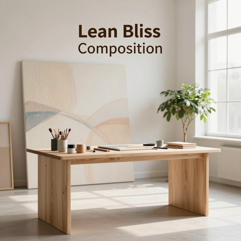 A serene and minimalist art studio, showcasing the "Lean Bliss Composition" concept. In the foreground, a sleek, elegantly simple structure made of light-colored wood, featuring an array of art supplies neatly organized, exuding an inviting sense of order. The middle ground displays a large canvas with a soft, abstract painting, using gentle pastel colors to evoke tranquility and creativity. The background features tall windows allowing natural light to flood the space, casting soft shadows and enhancing the composition's elegance. A potted green plant adds a touch of life and balance. Aim for a warm, calm atmosphere that emphasizes the beauty of simplicity and sophistication. Capture the scene at eye level, with a shallow depth of field to focus on the primary elements. A serene and minimalist art studio, showcasing the "Lean Bliss Composition" concept. In the foreground, a sleek, elegantly simple structure made of light-colored wood, featuring an array of art supplies neatly organized, exuding an inviting sense of order. The middle ground displays a large canvas with a soft, abstract painting, using gentle pastel colors to evoke tranquility and creativity. The background features tall windows allowing natural light to flood the space, casting soft shadows and enhancing the composition's elegance. A potted green plant adds a touch of life and balance. Aim for a warm, calm atmosphere that emphasizes the beauty of simplicity and sophistication. Capture the scene at eye level, with a shallow depth of field to focus on the primary elements.