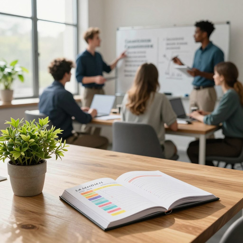 A serene and modern workspace environment showcasing personalized lifestyle plans from Lean Bliss. In the foreground, a sleek wooden desk adorned with a vibrant plant and an open journal displaying color-coded lifestyle plans. The middle ground features a diverse group of individuals in professional attire collaborating around a whiteboard filled with motivational quotes and diagrams. The background reveals large windows allowing soft, natural light to pour in, illuminating the room with a warm glow. A calming palette of greens and blues enhances the atmosphere, creating a sense of tranquility and focus. Capture this scene from a slightly elevated angle to emphasize the collaboration, with a soft blur on the edges to enhance depth. The mood reflects inspiration, empowerment, and support on a journey toward a blissful lifestyle.