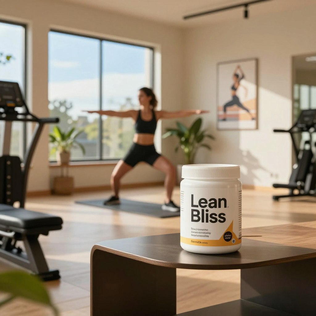 A serene fitness environment featuring a well-equipped home gym in the foreground, highlighting a sleek container of 'Lean Bliss' prominently displayed on a stylish shelf. In the middle, a fit individual dressed in professional athletic attire demonstrating a workout routine, showcasing dynamic movements that emphasize strength and flexibility. The background includes large windows allowing natural light to flood the space, illuminating the room with a warm, inviting glow. The walls are adorned with motivational fitness posters and lush indoor plants, creating a rejuvenating atmosphere. A clear blue sky is visible through the windows, enhancing the sense of openness and positivity. The overall mood is inspiring and energizing, encouraging viewers to visualize incorporating Lean Bliss into their daily fitness routine.