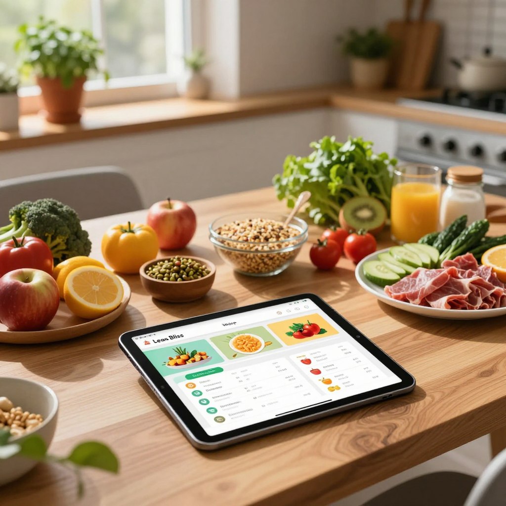 A serene kitchen environment with a wide-angle view showcasing a wooden table filled with colorful, healthy foods like fruits, vegetables, grains, and lean proteins, artfully arranged as if for a nutrition tracking session. In the foreground, a well-organized digital tablet displays the Lean Bliss nutrition tracking app interface, with vibrant graphics indicating meals and nutritional information. Soft, natural lighting illuminates the scene, casting gentle shadows and enhancing the freshness of the ingredients. The background features a cozy atmosphere with potted herbs on a windowsill and a subtle hint of sunlight streaming through, creating an inviting and motivational mood focused on healthy living, balance, and well-being.