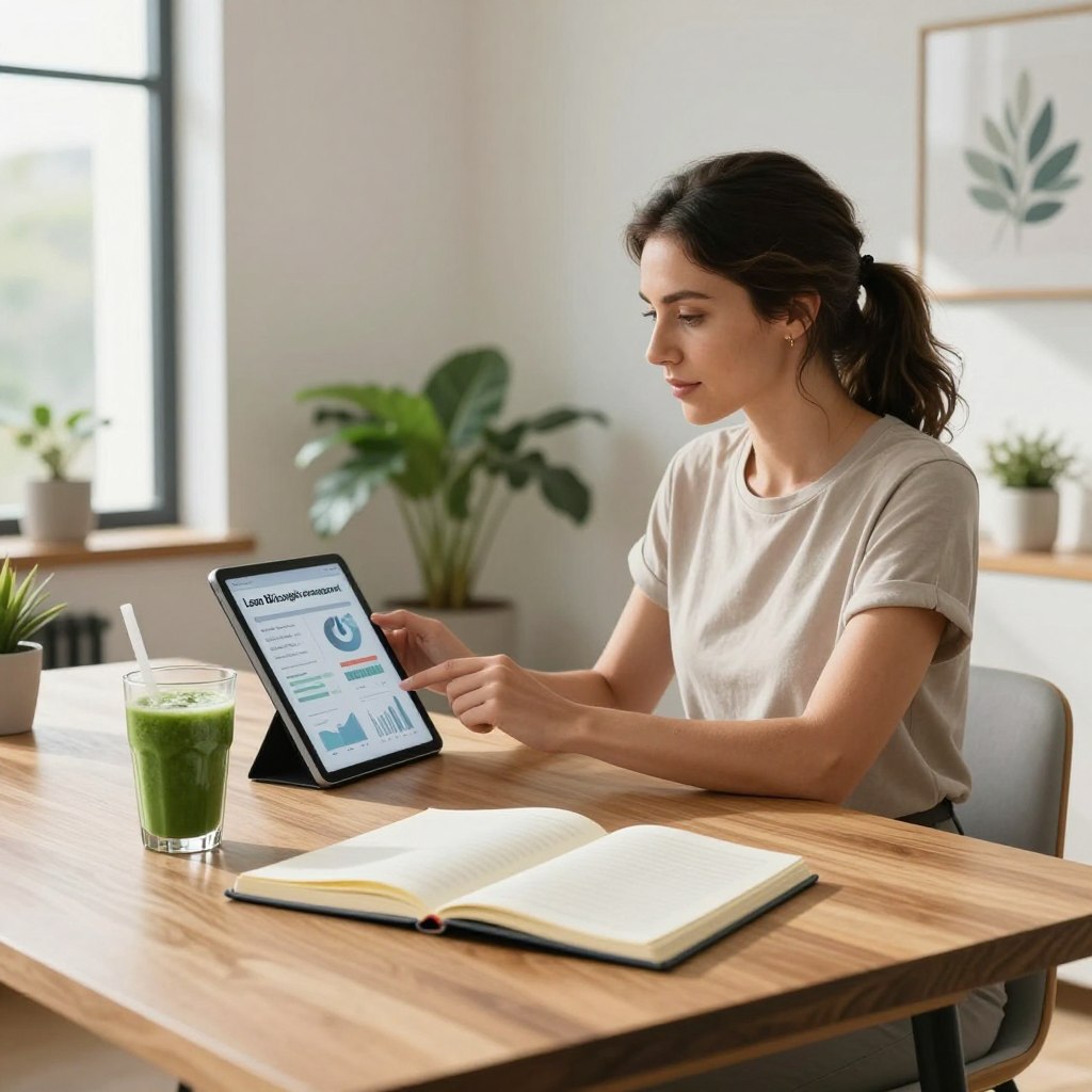 A serene, modern workspace featuring a balanced lifestyle theme for "Lean Bliss weight management." In the foreground, a sleek wooden desk adorned with an open, stylish notebook and a green smoothie, symbolizing healthy choices. The middle ground showcases a confident professional woman in modest casual clothing, engaging with a tablet displaying weight management charts, reflecting focus and determination. The background includes a softly lit, minimalist room with indoor plants and motivational décor, creating an inspiring atmosphere. Natural light filters through a large window, casting gentle shadows and enhancing the tranquil mood. The composition emphasizes harmony between work and wellness, encouraging a sense of empowerment in managing weight effectively.