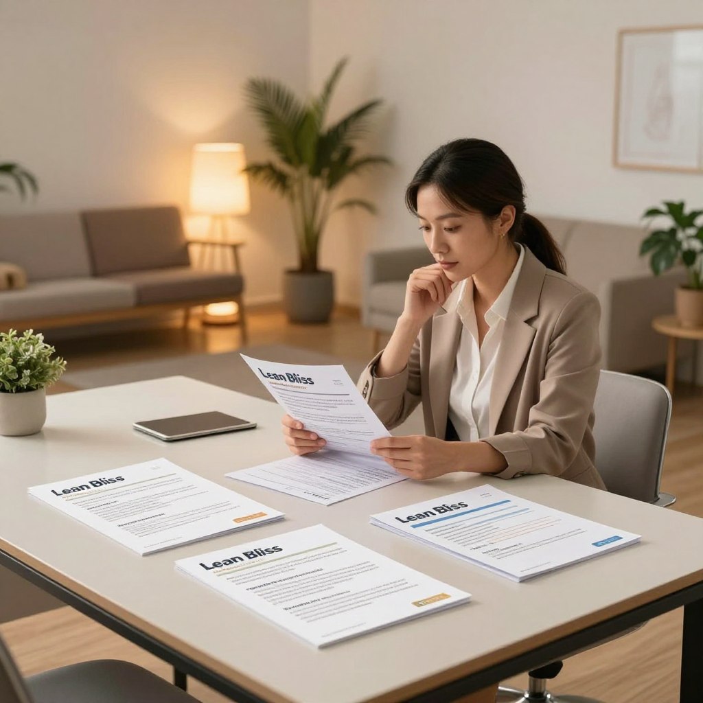 A serene office setting showcasing the "Lean Bliss" refund policy. In the foreground, a sleek, modern table is adorned with elegant brochures outlining the refund and return policies, illuminated by soft, warm lighting that creates an inviting atmosphere. To the middle, a professional woman in smart casual clothing is seen reviewing the documents with a thoughtful expression. In the background, a comfortable waiting area with potted plants and soft seating enhances the wellness vibe. The scene is captured with a wide-angle lens to emphasize spaciousness, conveying a sense of trust and ease. The overall mood is calm and reassuring, inviting viewers to feel secure in their purchase decisions. A serene office setting showcasing the "Lean Bliss" refund policy. In the foreground, a sleek, modern table is adorned with elegant brochures outlining the refund and return policies, illuminated by soft, warm lighting that creates an inviting atmosphere. To the middle, a professional woman in smart casual clothing is seen reviewing the documents with a thoughtful expression. In the background, a comfortable waiting area with potted plants and soft seating enhances the wellness vibe. The scene is captured with a wide-angle lens to emphasize spaciousness, conveying a sense of trust and ease. The overall mood is calm and reassuring, inviting viewers to feel secure in their purchase decisions.