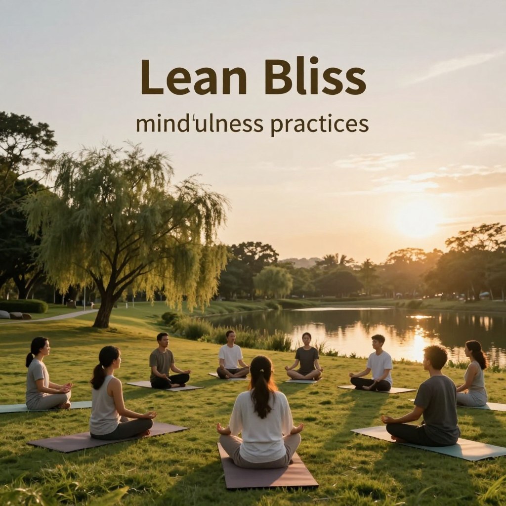 A serene outdoor space embodying "Lean Bliss mindfulness practices." In the foreground, a diverse group of individuals in modest casual attire, sitting cross-legged on soft grass, engaged in meditation and deep breathing. The middle ground features gently swaying trees and a tranquil pond reflecting the sky, enhancing the peaceful atmosphere. In the background, a soft sunrise casts a golden hue, creating warm, inviting light that wraps around the scene. The angle captures the peacefulness of the moment, with a slight tilt upwards to show the vastness of the sky. The overall mood is one of calm, balance, and harmony, inviting viewers to embrace mindfulness and discover their blissful lifestyle.