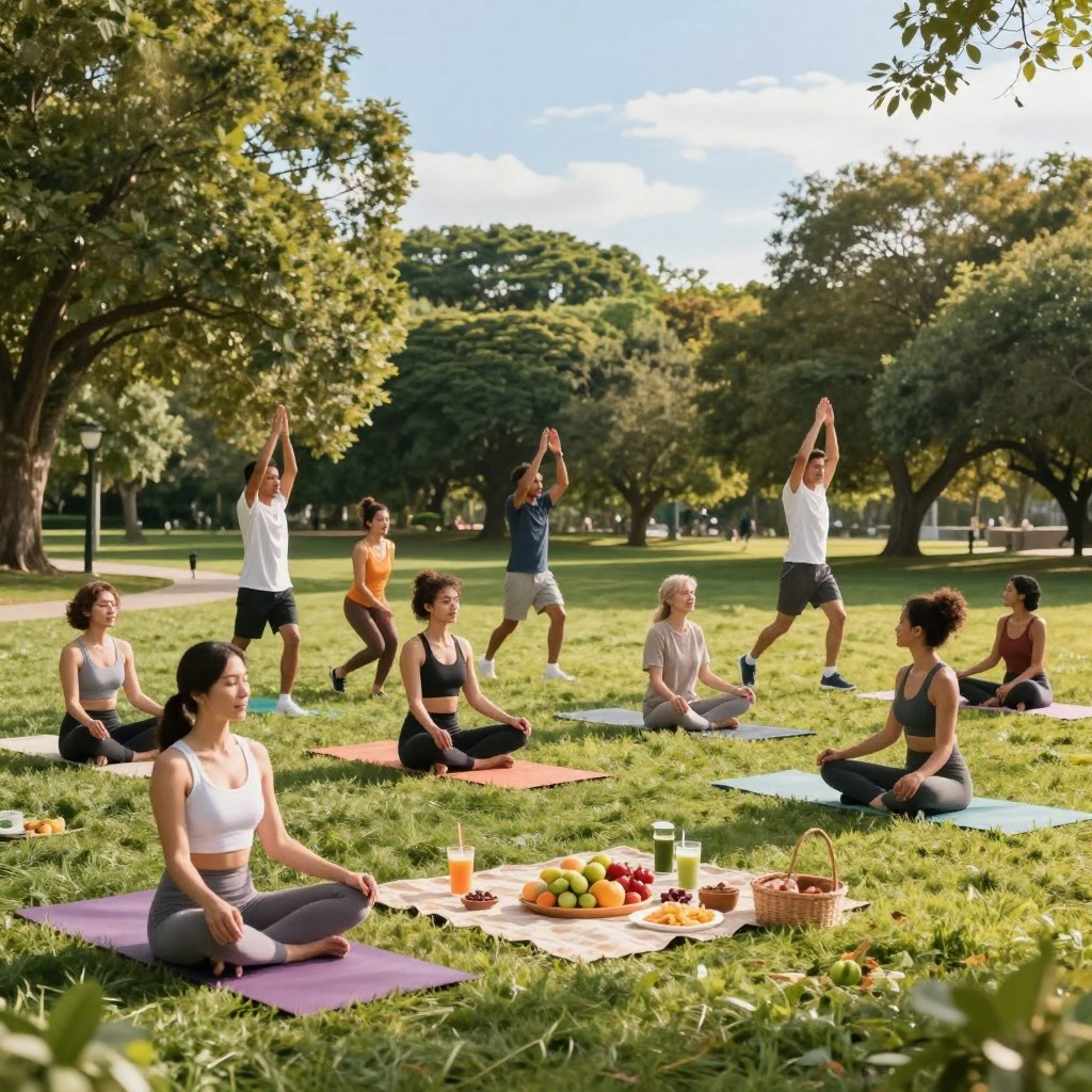 A serene scene depicting a vibrant, healthy lifestyle. In the foreground, a diverse group of individuals dressed in comfortable yet stylish activewear are engaging in various wellness activities, such as yoga, meditation, and leisurely jogging in a sunlit park. The middle ground features a picnic setup with fresh fruits, smoothies, and wholesome snacks, emphasizing healthy eating habits. In the background, tall trees and a clear blue sky create a peaceful atmosphere, symbolizing tranquility and balance. Soft, warm lighting bathes the scene, enhancing the feeling of wellness and joy. Capture the image from a slightly elevated angle to provide a comprehensive view of the wholesome activities, evoking a sense of community and vitality.