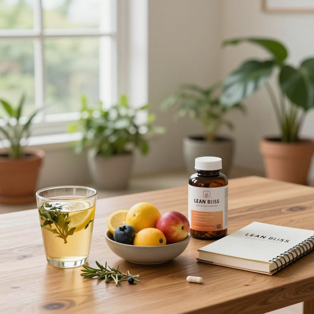 A serene wellness space featuring a selection of visually appealing alternatives to Lean Bliss, arranged neatly on a wooden table. In the foreground, a glass of herbal tea filled with fresh herbs and lemon slices exudes a refreshing aroma. Next to it, a small bowl of vibrant, organic fruits displays a variety of colors that symbolize health, while a sleek bottle of natural supplements and a stylish journal lie invitingly nearby. In the middle ground, soft greenery and potted plants create a calming environment. The background shows a softly lit room with a large window, allowing soft, natural light to filter in, enhancing the overall warmth and inviting atmosphere. The mood is tranquil and uplifting, ideal for promoting wellness and healthy choices.