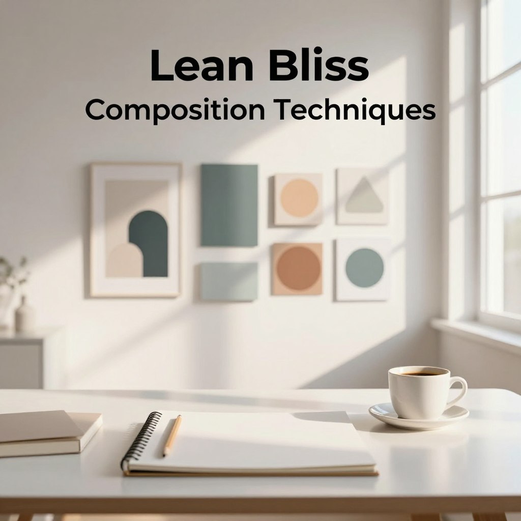 A serene workspace illustrating the concept of "Lean Bliss Composition Techniques". In the foreground, a minimalist desk with neatly arranged tools: a sketchpad, a pencil, and a cup of coffee, all reflecting simplicity and elegance. In the middle, a well-organized wall display showcasing elegant geometric shapes and calming color palettes, emphasizing balance and harmony. The background features a softly lit window with natural light streaming in, casting gentle shadows across the room. The atmosphere is tranquil and focused, evoking creativity and clarity, with a color scheme of soft whites, light grays, and muted pastels. Use a wide angle lens to capture the spaciousness, and set the lighting to a warm, inviting glow that enhances the minimalist aesthetic. A serene workspace illustrating the concept of "Lean Bliss Composition Techniques". In the foreground, a minimalist desk with neatly arranged tools: a sketchpad, a pencil, and a cup of coffee, all reflecting simplicity and elegance. In the middle, a well-organized wall display showcasing elegant geometric shapes and calming color palettes, emphasizing balance and harmony. The background features a softly lit window with natural light streaming in, casting gentle shadows across the room. The atmosphere is tranquil and focused, evoking creativity and clarity, with a color scheme of soft whites, light grays, and muted pastels. Use a wide angle lens to capture the spaciousness, and set the lighting to a warm, inviting glow that enhances the minimalist aesthetic.
