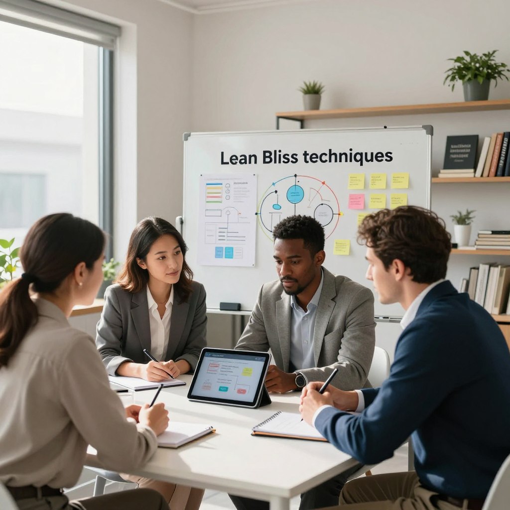 A serene workspace scene showcasing "Lean Bliss techniques," featuring a modern office setting with a clean desk. In the foreground, a diverse group of three professionals—one woman and two men—dressed in professional business attire, collaboratively discussing strategies with a digital tablet and note pads. The middle ground highlights a whiteboard filled with colorful diagrams and post-it notes illustrating Lean Bliss principles. Natural light streams in through large windows, illuminating the space and creating a warm, inviting atmosphere. In the background, shelves display motivational books and plant life, enhancing the focus on productivity and calm. The overall mood is one of collaboration and focus, emphasizing the effectiveness of Lean Bliss in maximizing results.