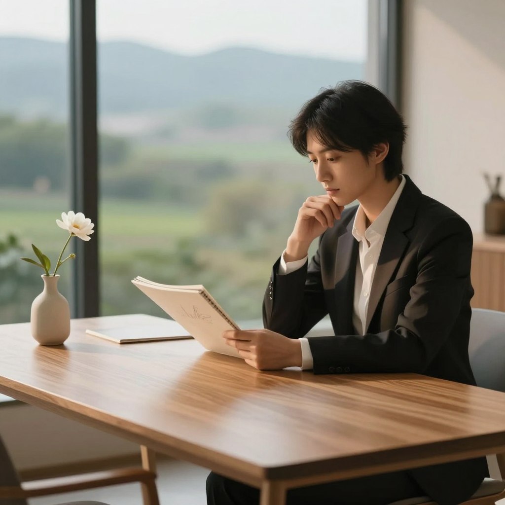 A serene workspace that conveys the Emotional Impact of Lean Bliss Composition. In the foreground, an elegantly simple desk with minimalistic design, featuring a soft, inviting light that highlights the warm wood grain. On the desk, a delicate vase holds a single white flower, symbolizing simplicity and beauty. In the middle ground, a slender figure dressed in professional business attire is thoughtfully gazing at a sketchbook, radiating calm and focus, showcasing the balance of elegance and simplicity. The background features a softly blurred landscape of subtle greens and blues, creating a peaceful connection to nature. The lighting is warm and soft, coming from a window to one side, casting gentle shadows that enhance the tranquil atmosphere. The overall mood should evoke a sense of harmony and inspiration. A serene workspace that conveys the Emotional Impact of Lean Bliss Composition. In the foreground, an elegantly simple desk with minimalistic design, featuring a soft, inviting light that highlights the warm wood grain. On the desk, a delicate vase holds a single white flower, symbolizing simplicity and beauty. In the middle ground, a slender figure dressed in professional business attire is thoughtfully gazing at a sketchbook, radiating calm and focus, showcasing the balance of elegance and simplicity. The background features a softly blurred landscape of subtle greens and blues, creating a peaceful connection to nature. The lighting is warm and soft, coming from a window to one side, casting gentle shadows that enhance the tranquil atmosphere. The overall mood should evoke a sense of harmony and inspiration.