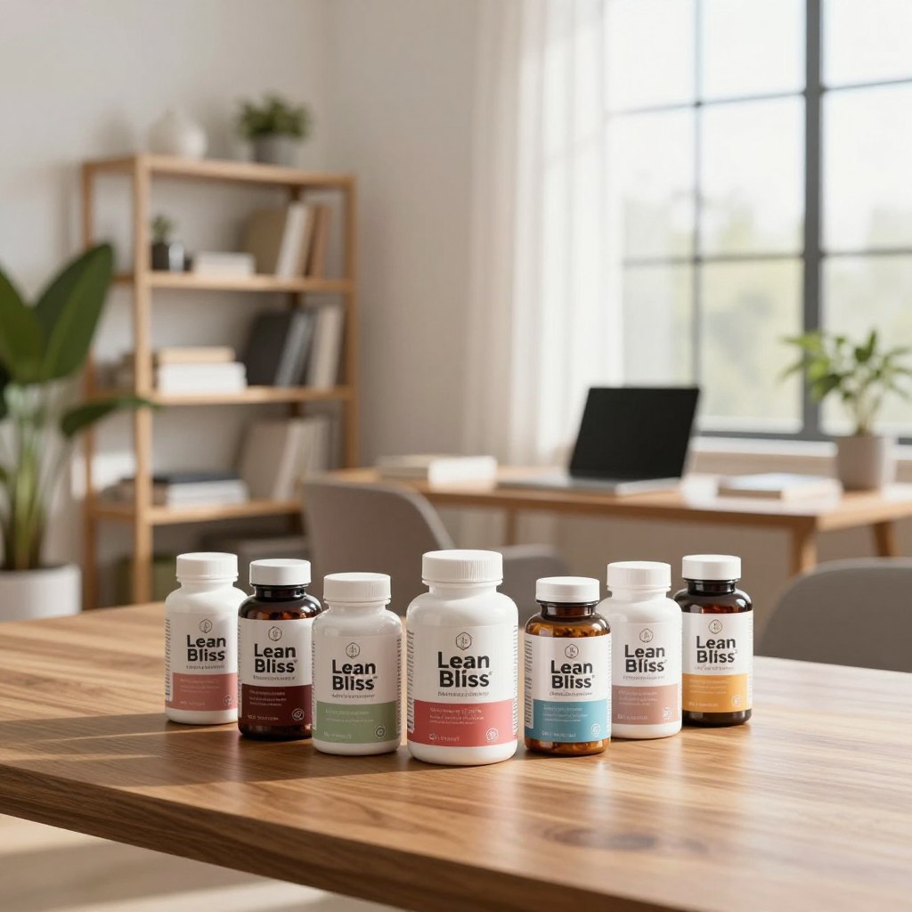 A sleek, modern display of "Lean Bliss" premium supplement bottles arranged artistically on a polished wooden table in the foreground, showcasing various flavors and formulations. The middle ground features a serene, well-lit home office environment with minimalistic decor, including indoor plants and neatly organized bookshelves, suggesting a focus on wellness and productivity. In the background, soft natural light streams through a large window, casting gentle shadows and creating a warm, inviting atmosphere. Use a shallow depth of field to emphasize the bottles in the foreground while softly blurring the background. The overall mood should be calm and inspiring, reflecting a commitment to health and well-being. A sleek, modern display of "Lean Bliss" premium supplement bottles arranged artistically on a polished wooden table in the foreground, showcasing various flavors and formulations. The middle ground features a serene, well-lit home office environment with minimalistic decor, including indoor plants and neatly organized bookshelves, suggesting a focus on wellness and productivity. In the background, soft natural light streams through a large window, casting gentle shadows and creating a warm, inviting atmosphere. Use a shallow depth of field to emphasize the bottles in the foreground while softly blurring the background. The overall mood should be calm and inspiring, reflecting a commitment to health and well-being.