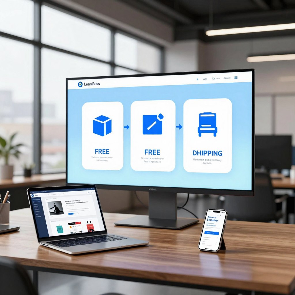 A sleek, modern office setting showcasing a visual representation of "Lean Bliss" shipping options. In the foreground, a polished wooden desk displays a laptop with an open e-commerce platform featuring various products, complemented by a smartphone displaying shipping notifications. In the middle, a large screen shows animated graphics illustrating free shipping icons with arrows demonstrating swift delivery. The background includes floor-to-ceiling windows allowing natural light to flood the space, creating an inviting atmosphere. Soft, ambient lighting highlights the simplicity of the environment, creating a sense of professionalism and efficiency. The mood is upbeat and optimistic, reflecting the positive impact of free shipping on sales in a stylish, contemporary workspace. A sleek, modern office setting showcasing a visual representation of "Lean Bliss" shipping options. In the foreground, a polished wooden desk displays a laptop with an open e-commerce platform featuring various products, complemented by a smartphone displaying shipping notifications. In the middle, a large screen shows animated graphics illustrating free shipping icons with arrows demonstrating swift delivery. The background includes floor-to-ceiling windows allowing natural light to flood the space, creating an inviting atmosphere. Soft, ambient lighting highlights the simplicity of the environment, creating a sense of professionalism and efficiency. The mood is upbeat and optimistic, reflecting the positive impact of free shipping on sales in a stylish, contemporary workspace.