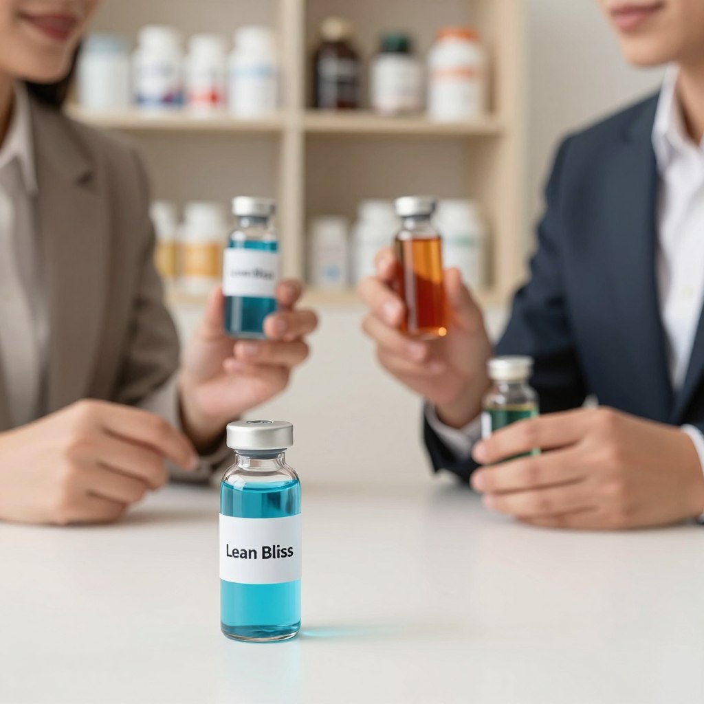 A sleek, visually appealing comparison between Lean Bliss and its competitors. In the foreground, a stylish glass vial of Lean Bliss filled with a vibrant blue liquid, accompanied by two other glass vials containing contrasting colored liquids representing competitors. The vials are labeled with minimalist designs but no text. The middle ground features a clean surface with professional business attire figures, one holding the Lean Bliss vial and another holding the competitor's vials, both engaged in a focused discussion, emphasizing the comparison. The background is a softly-lit, neutral office setting with blurred shelves of health supplements, creating a warm and informative atmosphere. The lighting is bright but soft, capturing the professionalism and clarity of the scene, with a slightly angled viewpoint to highlight the products. A sleek, visually appealing comparison between Lean Bliss and its competitors. In the foreground, a stylish glass vial of Lean Bliss filled with a vibrant blue liquid, accompanied by two other glass vials containing contrasting colored liquids representing competitors. The vials are labeled with minimalist designs but no text. The middle ground features a clean surface with professional business attire figures, one holding the Lean Bliss vial and another holding the competitor's vials, both engaged in a focused discussion, emphasizing the comparison. The background is a softly-lit, neutral office setting with blurred shelves of health supplements, creating a warm and informative atmosphere. The lighting is bright but soft, capturing the professionalism and clarity of the scene, with a slightly angled viewpoint to highlight the products.