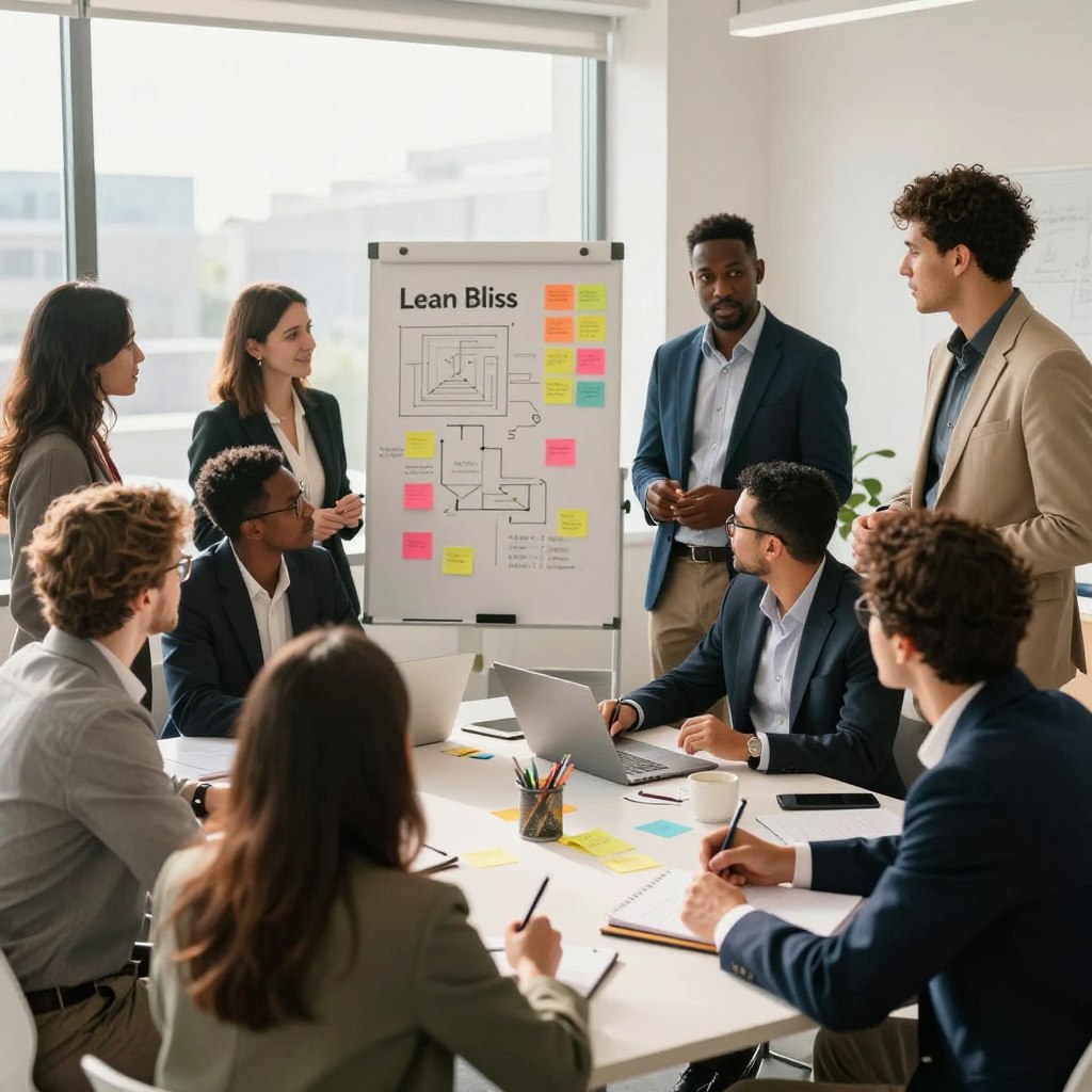 A vibrant and dynamic scene depicting a community engagement event for "Lean Bliss." In the foreground, a diverse group of professionals in smart business attire is gathered around a large table, collaborating enthusiastically. Some individuals are engaged in discussions while others take notes, showcasing teamwork and cooperation. In the middle ground, a whiteboard filled with colorful diagrams and post-it notes highlights brainstorming efforts, emphasizing creativity and problem-solving. The background features a bright, modern office space with large windows allowing natural light to flood the room, creating an inviting atmosphere. Soft shadows and warm lighting enhance the sense of professionalism and community. Capture this moment from a slightly elevated angle to convey an inclusive and interactive environment, reflecting enthusiasm and engagement in this community-focused initiative.