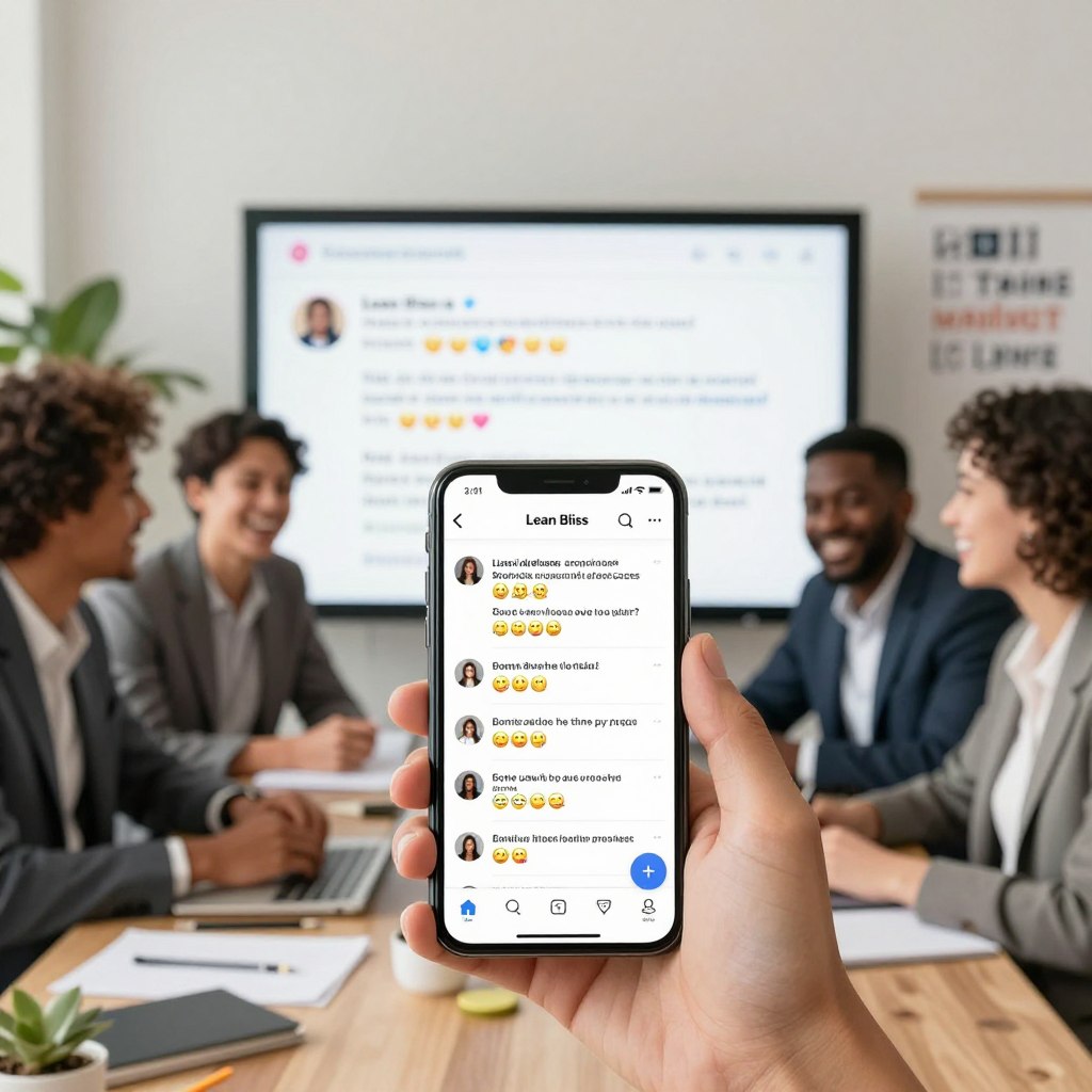 A vibrant and engaging social media interface showcasing authentic testimonials for "Lean Bliss". In the foreground, a smartphone is held by a diverse group of individuals, smiling and dressed in professional business attire, engaged in a lively discussion about their experiences with the product. The middle ground features a blurred screen displaying positive social media posts filled with colorful reactions and emojis that convey enthusiasm and satisfaction. In the background, a modern, well-lit workspace subtly emphasizes a creative atmosphere, with motivational quotes on the wall and indoor plants adding freshness. Soft natural lighting enhances the warmth of the scene, while a slight depth of field focuses the viewer's attention on the testimonials, creating an inviting and positive mood. A vibrant and engaging social media interface showcasing authentic testimonials for "Lean Bliss". In the foreground, a smartphone is held by a diverse group of individuals, smiling and dressed in professional business attire, engaged in a lively discussion about their experiences with the product. The middle ground features a blurred screen displaying positive social media posts filled with colorful reactions and emojis that convey enthusiasm and satisfaction. In the background, a modern, well-lit workspace subtly emphasizes a creative atmosphere, with motivational quotes on the wall and indoor plants adding freshness. Soft natural lighting enhances the warmth of the scene, while a slight depth of field focuses the viewer's attention on the testimonials, creating an inviting and positive mood.