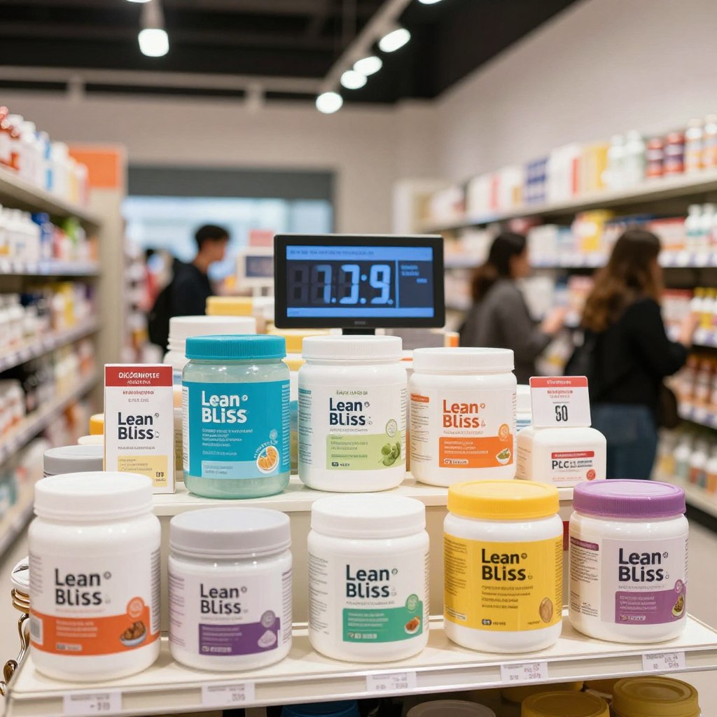 A vibrant and informative price comparison scene featuring various Lean Bliss products displayed prominently at the forefront. Arranged in an appealing manner, the products are labeled with different prices from multiple retailers, showcasing a discount coupon next to them. In the middle ground, a clean, modern store environment with shelves neatly stocked and a digital price display. The background features a subtle blur of shoppers browsing, creating an engaging atmosphere. Harsh overhead lighting is balanced with softer ambient light to emphasize the products, enhancing colors and details. The angle is slightly low, capturing the essence of a busy retail space while maintaining a professional and inviting mood. A vibrant and informative price comparison scene featuring various Lean Bliss products displayed prominently at the forefront. Arranged in an appealing manner, the products are labeled with different prices from multiple retailers, showcasing a discount coupon next to them. In the middle ground, a clean, modern store environment with shelves neatly stocked and a digital price display. The background features a subtle blur of shoppers browsing, creating an engaging atmosphere. Harsh overhead lighting is balanced with softer ambient light to emphasize the products, enhancing colors and details. The angle is slightly low, capturing the essence of a busy retail space while maintaining a professional and inviting mood.