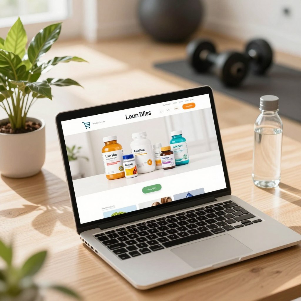 A vibrant and inviting online shopping scene featuring a sleek, modern website interface showcasing "Lean Bliss" products prominently. In the foreground, a laptop with a shopping cart icon open, displaying nutrition supplements and fitness-related items, all arranged appealingly. The middle ground includes soft elements like a potted plant and a water bottle, suggesting a healthy lifestyle, while the background features a home gym setup with weights and fitness mats, creating an atmosphere of motivation and wellness. Warm, natural lighting floods the scene, emanating a sense of positivity and empowerment, shot from a slight overhead angle for a dynamic view. The overall mood is energetic and encouraging, enticing viewers to explore their fitness journey.