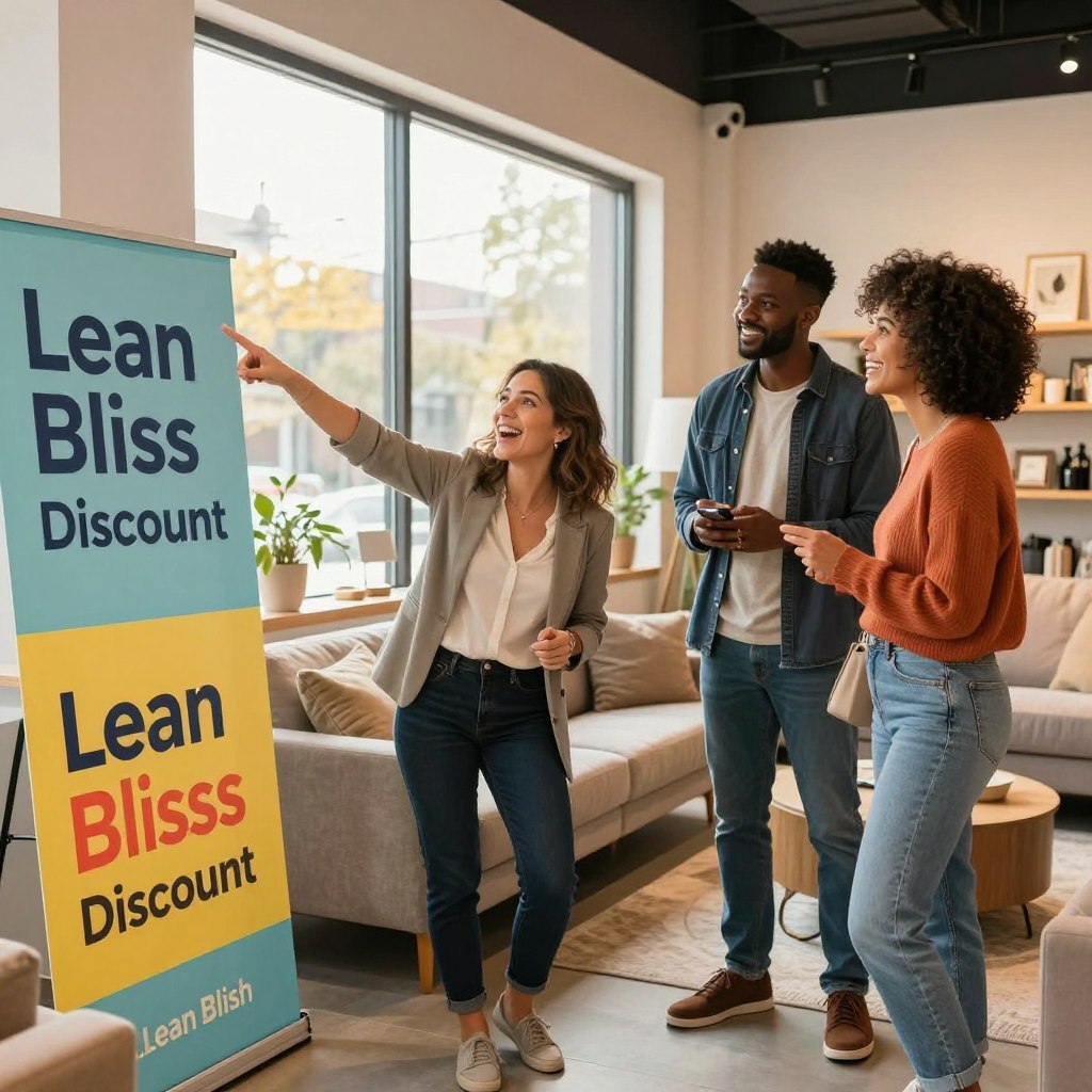 A vibrant and inviting scene showcasing a diverse group of four customers in a chic, modern furniture store, all engaging joyfully with colorful signage displaying the "Lean Bliss Discount." In the foreground, a cheerful woman in professional attire points enthusiastically at a large sale banner, while a couple nearby, dressed in casual yet stylish clothing, smiles and discusses their purchase. The middle section features stylish furniture and decor representing the Lean Bliss brand. A softly lit background includes large windows letting in warm sunlight, reflecting a friendly atmosphere. Use a wide-angle lens for a dynamic composition, capturing an uplifting mood, emphasizing satisfaction and excitement about saving with discounts. A vibrant and inviting scene showcasing a diverse group of four customers in a chic, modern furniture store, all engaging joyfully with colorful signage displaying the "Lean Bliss Discount." In the foreground, a cheerful woman in professional attire points enthusiastically at a large sale banner, while a couple nearby, dressed in casual yet stylish clothing, smiles and discusses their purchase. The middle section features stylish furniture and decor representing the Lean Bliss brand. A softly lit background includes large windows letting in warm sunlight, reflecting a friendly atmosphere. Use a wide-angle lens for a dynamic composition, capturing an uplifting mood, emphasizing satisfaction and excitement about saving with discounts.
