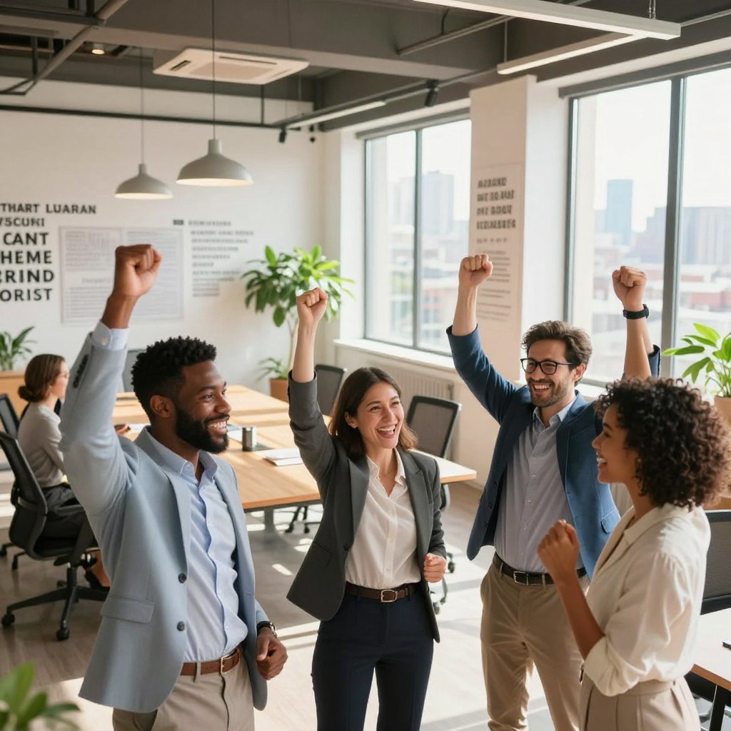 A vibrant and uplifting scene depicting diverse individuals celebrating their transformative success stories in a modern, airy office environment. In the foreground, a joyful group of three professionals, wearing smart business attire, shares a moment of triumph, showing smiles and gestures of success. The middle layer features a bright conference room illuminated by natural light streaming through large windows, adorned with motivational quotes on the walls and greenery in the corners. In the background, a city skyline can be seen, symbolizing progress and ambition. The overall mood is one of inspiration and joy, capturing the essence of personal and professional growth. The image should use warm lighting, shot with a wide-angle lens to create an inviting atmosphere.