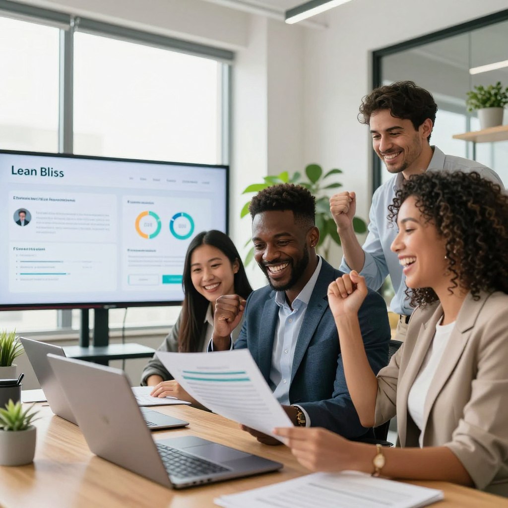 A vibrant office setting showcasing diverse professionals celebrating their success with Lean Bliss. In the foreground, a group of three smiling individuals in professional business attire, a woman of Asian descent, a man of African descent, and a Hispanic woman, sharing a moment of joy, with laptops and documents representing their achievements. In the middle ground, a large screen displays positive metrics and user testimonials from Lean Bliss, symbolizing success. In the background, bright natural light pours through large windows, illuminating an inviting workspace with plants and modern decor. The atmosphere is uplifting and energetic, capturing the essence of satisfaction and productivity, with a focus on collaboration and innovation. The angle is a slightly low perspective to emphasize the joyous expressions of the users.