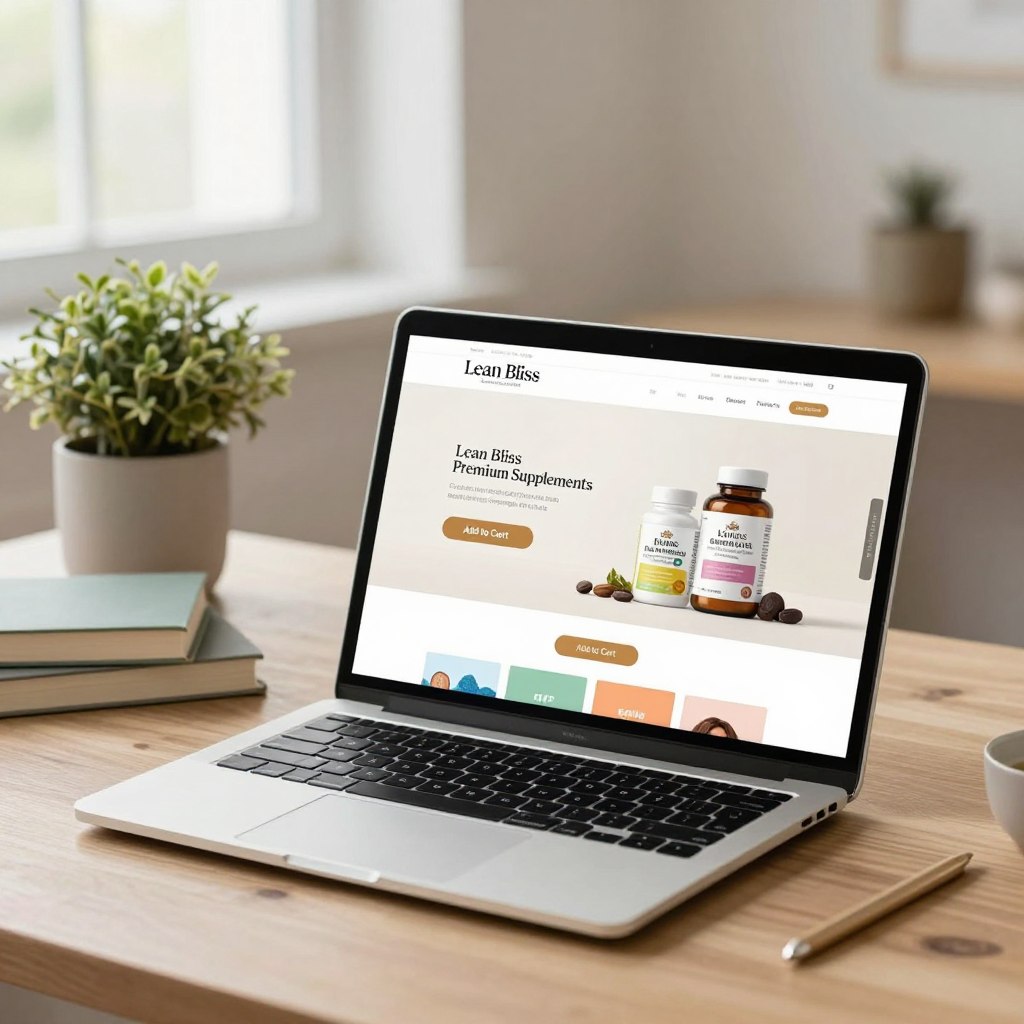 A visually appealing online shopping experience for Lean Bliss premium supplements, featuring a clean, modern website interface displayed on a sleek laptop. In the foreground, emphasize the laptop with vibrant product images and an elegant ‘Add to Cart’ button. The middle ground showcases an inviting workspace, including a stylish plant and wellness books, conveying a sense of tranquility and health. In the background, soft natural light filters through a window, creating a warm and welcoming atmosphere. The scene is captured from a slightly elevated angle to highlight the laptop's screen and surroundings, ensuring a professional aesthetic perfect for an article about premium wellness products. A visually appealing online shopping experience for Lean Bliss premium supplements, featuring a clean, modern website interface displayed on a sleek laptop. In the foreground, emphasize the laptop with vibrant product images and an elegant ‘Add to Cart’ button. The middle ground showcases an inviting workspace, including a stylish plant and wellness books, conveying a sense of tranquility and health. In the background, soft natural light filters through a window, creating a warm and welcoming atmosphere. The scene is captured from a slightly elevated angle to highlight the laptop's screen and surroundings, ensuring a professional aesthetic perfect for an article about premium wellness products.