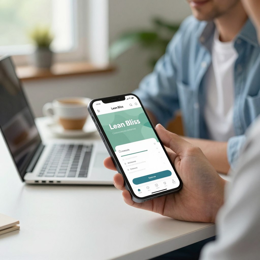 A visually engaging scene capturing the essence of "Lean Bliss" on a mobile device. In the foreground, focus on a modern smartphone displaying a sleek, user-friendly interface of the Lean Bliss website, showcasing its smooth navigation features. The middle ground features a professional individual, dressed in business casual attire, holding the phone while sitting at a stylish desk with a laptop and a warm cup of coffee. In the background, softly blurred, a cozy office environment with natural light filtering through a window, creating a welcoming atmosphere. The color palette should be inviting with soft blues and greens, enhancing the calm mood. Use a shallow depth of field to emphasize the phone and the user’s interaction, highlighting a seamless mobile experience that reflects reliability and accessibility.