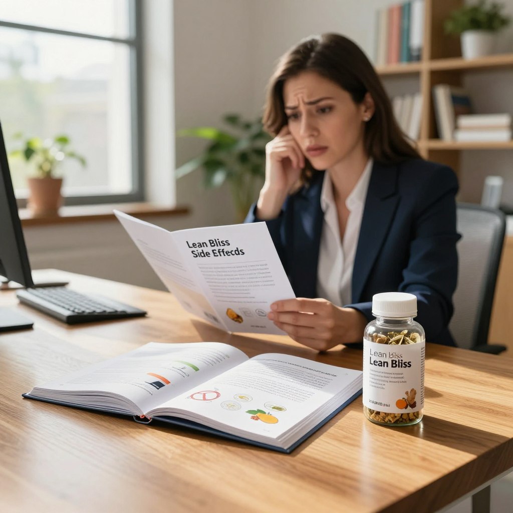 A visually engaging scene depicting an informative tableau about "Lean Bliss Side Effects." In the foreground, a polished wooden table holds an open booklet showcasing side effects details, illustrated with diagrams and icons. Beside it, a clear bottle labeled "Lean Bliss" with herbal elements like ginger and turmeric subtly integrated, embodies the product's nature. The middle ground features a well-lit office setting, where a professional woman in smart business attire is thoughtfully examining the booklet, her face expressing curiosity and concern. The background shows shelves with health-related books and green plants, creating a calm and educational atmosphere. Soft, natural lighting illuminates the scene from a large window, casting gentle shadows and enhancing the tranquil mood indicative of a safe, informative space.