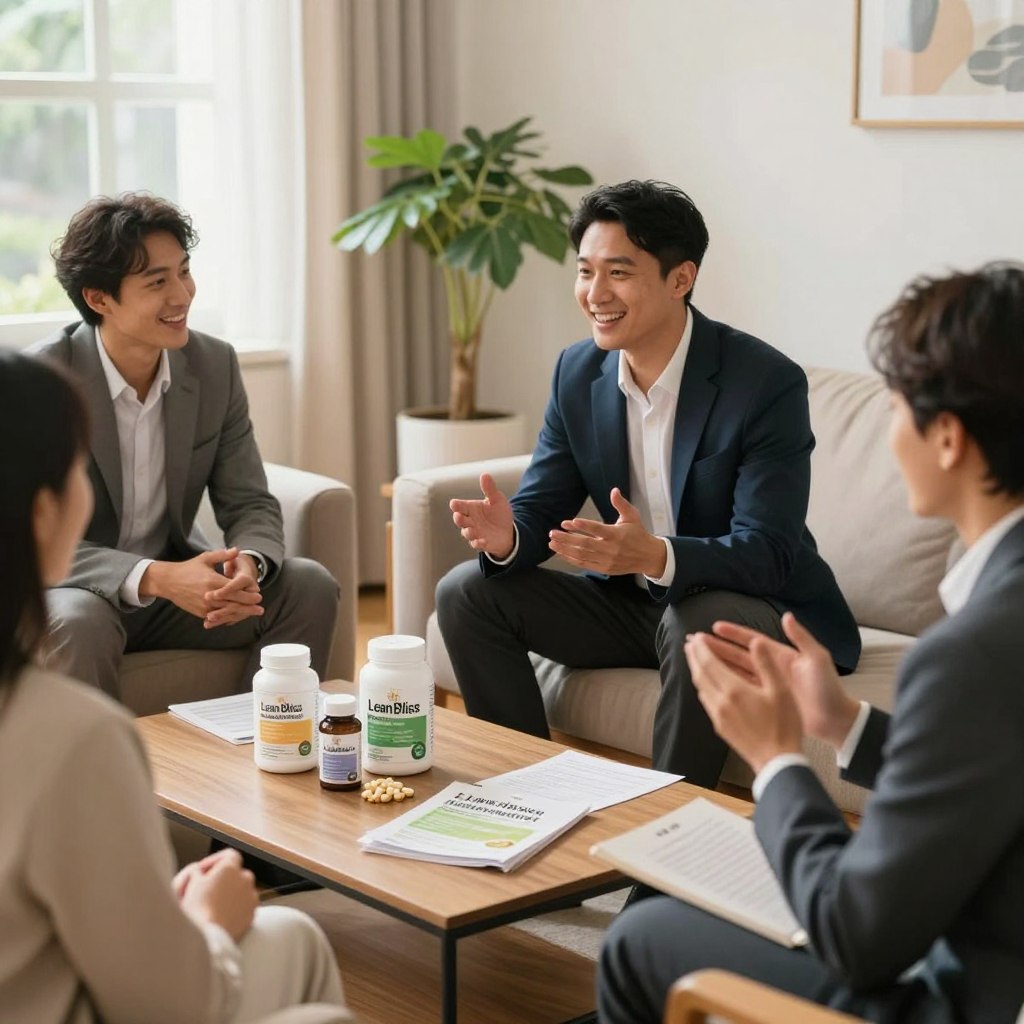 A visually engaging scene that showcases diverse individuals sharing their positive experiences with Lean Bliss. In the foreground, a group of three professionally dressed men and women, seated together in a cozy, well-lit living room. They display expressions of joy and satisfaction, enthusiastically discussing their testimonials. The middle scene includes a coffee table with organic supplements and health-related materials that reflect their journey toward wellness. In the background, a sunlit window with indoor plants adds warmth and vibrancy to the atmosphere. Soft, natural lighting enhances the scene, evoking a sense of trust and community. The image should be captured from a slightly elevated angle, creating an inviting and optimistic mood, without any text or branding elements.
