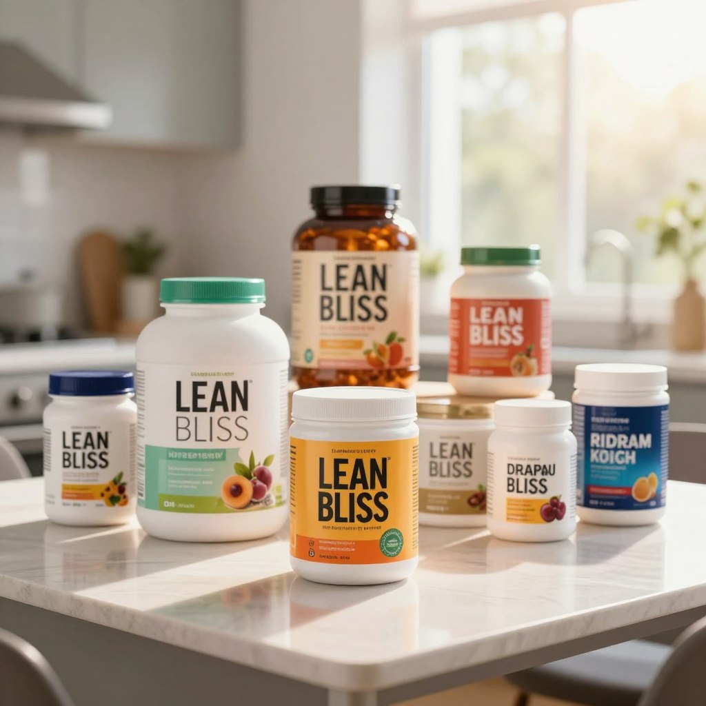 A visually striking comparison of Lean Bliss and other health products arranged on a sleek, polished table. In the foreground, a vibrant Lean Bliss container stands out, surrounded by an array of competing products displayed in elegant packaging. The middle layer features a soft-focus background of an inviting, modern kitchen with natural light streaming in through a window, creating a warm atmosphere. The focus is on the colorful containers, emphasizing their unique designs. Use a shallow depth of field to highlight Lean Bliss, while subtly blurring the other products. The mood should feel professional and inviting, appealing to health-conscious consumers. The overall lighting is bright and airy, creating an optimistic ambiance, with a slight lens flare to enhance the freshness of the scene.