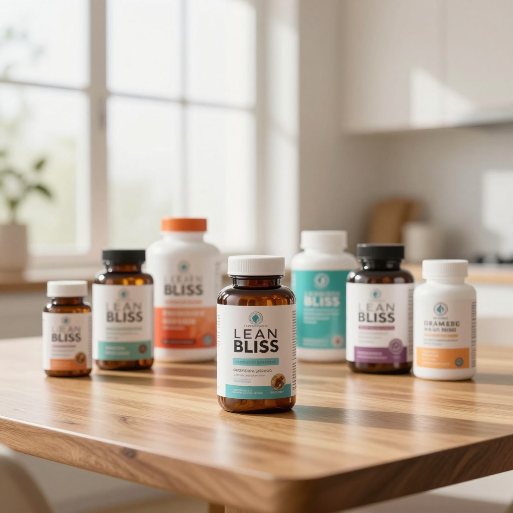 A visually striking comparison of Lean Bliss products against various other health brands. In the foreground, display a sleek bottle of Lean Bliss, prominently featuring its label and distinctive design. Surrounding it are competing health supplement brands, represented by different shaped bottles and packaging, slightly blurred to emphasize Lean Bliss. In the middle ground, a polished wooden table reflects a bright, natural light filtering in from a large window, creating a warm and inviting atmosphere. The background showcases a minimalist kitchen setting with soft pastel colors, enhancing the tranquility of the scene. The angle is slightly elevated, showcasing the products front and center while maintaining a professional ambiance. The overall mood conveys quality and sophistication, inviting readers to appreciate the unique benefits of Lean Bliss. A visually striking comparison of Lean Bliss products against various other health brands. In the foreground, display a sleek bottle of Lean Bliss, prominently featuring its label and distinctive design. Surrounding it are competing health supplement brands, represented by different shaped bottles and packaging, slightly blurred to emphasize Lean Bliss. In the middle ground, a polished wooden table reflects a bright, natural light filtering in from a large window, creating a warm and inviting atmosphere. The background showcases a minimalist kitchen setting with soft pastel colors, enhancing the tranquility of the scene. The angle is slightly elevated, showcasing the products front and center while maintaining a professional ambiance. The overall mood conveys quality and sophistication, inviting readers to appreciate the unique benefits of Lean Bliss.