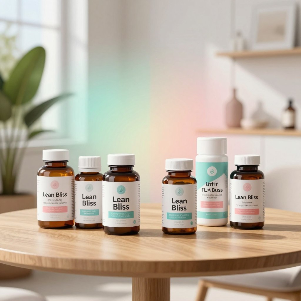 A visually striking comparison scene featuring two wellness products, Lean Bliss and its competitors, artistically displayed on a sleek wooden table in a well-lit, modern clinic environment. In the foreground, place stylishly designed bottles labeled 'Lean Bliss' and several competitor products, ensuring they appear distinctly branded but without logos. The middle ground should have a subtle gradient backdrop, evoking a sense of calmness with soft pastel colors. In the background, include blurred greenery and elegant decor elements to enhance the wellness atmosphere. Natural daylight should flood the space, creating vibrant highlights and soft shadows that emphasize the products’ textures. The overall mood is serene, encouraging an association with health and wellness, while maintaining a professional tone suitable for a health-focused article. A visually striking comparison scene featuring two wellness products, Lean Bliss and its competitors, artistically displayed on a sleek wooden table in a well-lit, modern clinic environment. In the foreground, place stylishly designed bottles labeled 'Lean Bliss' and several competitor products, ensuring they appear distinctly branded but without logos. The middle ground should have a subtle gradient backdrop, evoking a sense of calmness with soft pastel colors. In the background, include blurred greenery and elegant decor elements to enhance the wellness atmosphere. Natural daylight should flood the space, creating vibrant highlights and soft shadows that emphasize the products’ textures. The overall mood is serene, encouraging an association with health and wellness, while maintaining a professional tone suitable for a health-focused article.