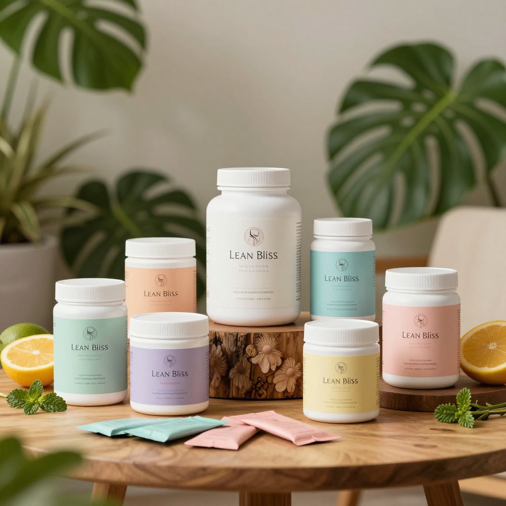 A visually striking display of Lean Bliss wellness products, creatively arranged to showcase various size options. In the foreground, several elegantly designed containers and sachets labeled in soft, pastel colors, each representing a different size variant of the product. The middle ground features an inviting wooden table, adorned with fresh fruits and herbs symbolizing health and vitality, adding organic textures. The background displays a softly lit, serene wellness environment, with lush green plants and gentle lighting creating a calm atmosphere. The image captures the essence of wellness and balance, utilizing natural lighting to accentuate the products' features. The composition should evoke feelings of tranquility and inspiration, focusing on the beauty of healthy living, all without text or any distractions. A visually striking display of Lean Bliss wellness products, creatively arranged to showcase various size options. In the foreground, several elegantly designed containers and sachets labeled in soft, pastel colors, each representing a different size variant of the product. The middle ground features an inviting wooden table, adorned with fresh fruits and herbs symbolizing health and vitality, adding organic textures. The background displays a softly lit, serene wellness environment, with lush green plants and gentle lighting creating a calm atmosphere. The image captures the essence of wellness and balance, utilizing natural lighting to accentuate the products' features. The composition should evoke feelings of tranquility and inspiration, focusing on the beauty of healthy living, all without text or any distractions.