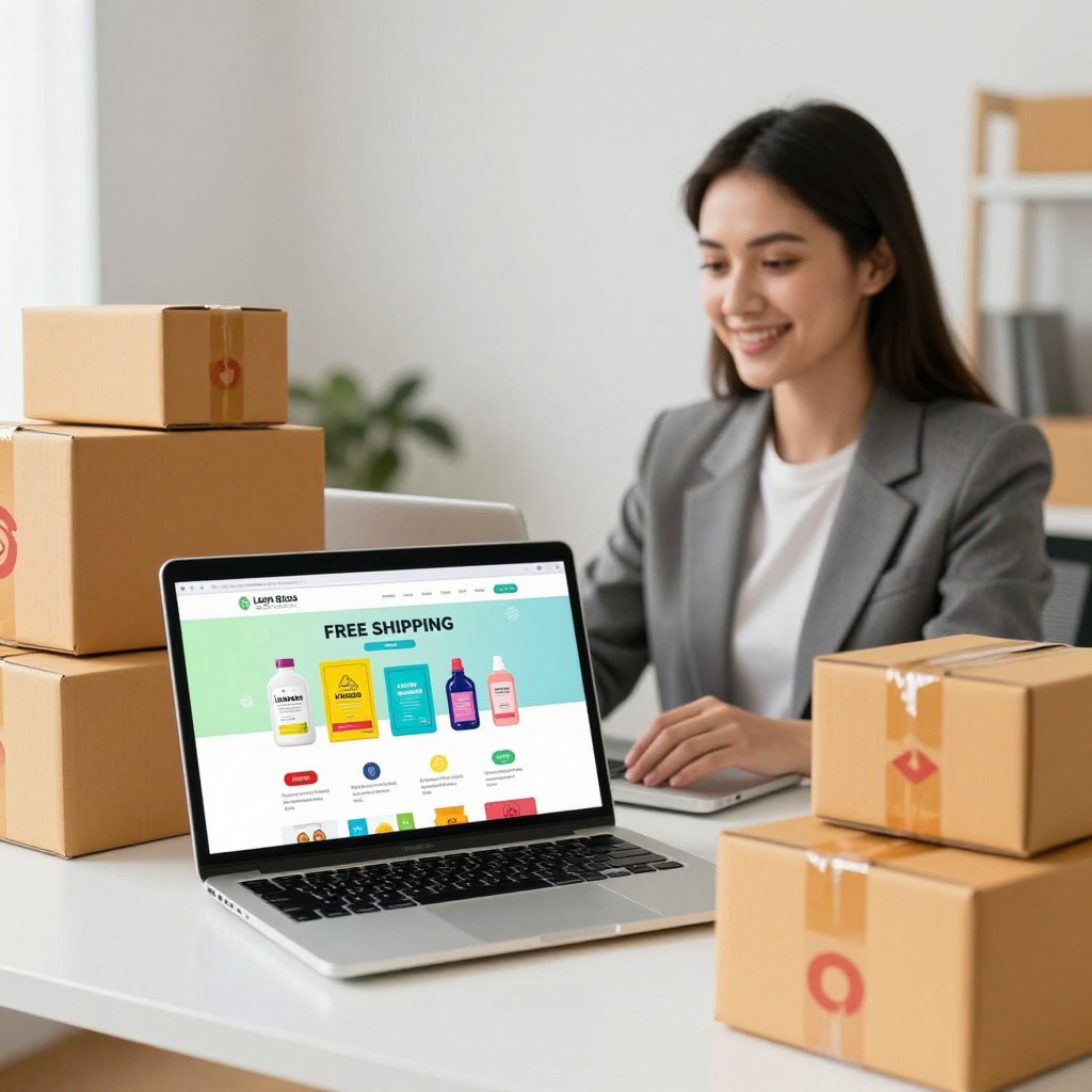 A visually striking image capturing the essence of free shipping featuring a modern, minimalist workspace. In the foreground, a sleek laptop displays a vibrant Lean Bliss website showcasing an array of colorful products. Surrounding the laptop are neatly arranged shipping boxes wrapped in cheerful colors, emphasizing the concept of free shipping. In the middle ground, a friendly, professional businesswoman in smart casual attire is seen engaging with the laptop, smiling with a sense of satisfaction. The background features a stylish office with soft, natural lighting, hinting at productivity. The atmosphere is vibrant and inviting, reflecting a positive shopping experience. The angle should focus on the products and the woman, ensuring compelling depth and clarity. A visually striking image capturing the essence of free shipping featuring a modern, minimalist workspace. In the foreground, a sleek laptop displays a vibrant Lean Bliss website showcasing an array of colorful products. Surrounding the laptop are neatly arranged shipping boxes wrapped in cheerful colors, emphasizing the concept of free shipping. In the middle ground, a friendly, professional businesswoman in smart casual attire is seen engaging with the laptop, smiling with a sense of satisfaction. The background features a stylish office with soft, natural lighting, hinting at productivity. The atmosphere is vibrant and inviting, reflecting a positive shopping experience. The angle should focus on the products and the woman, ensuring compelling depth and clarity.