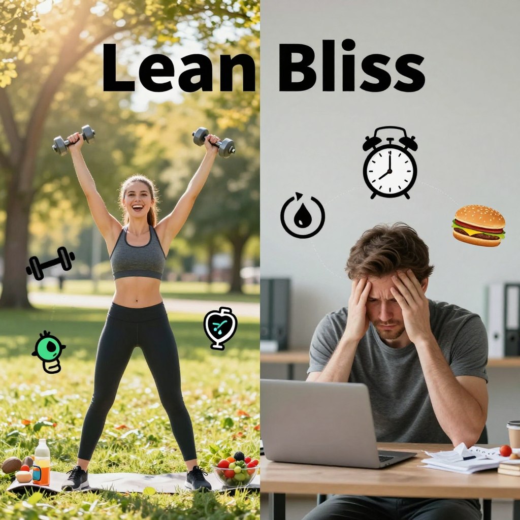 A visually striking representation of the benefits and drawbacks of "Lean Bliss," featuring a split composition. On the left, depict a bright, vibrant scene showcasing the advantages: a fit individual in professional athletic attire exercising happily in a sunlit park, surrounded by icons representing health, motivation, and progress, like dumbbells, heart rate monitors, and a balanced diet. On the right, illustrate the drawbacks: a same individual looking contemplative and slightly frustrated, seated at a desk with a laptop, surrounded by symbols of stress, like a ticking clock, fast food, and clutter. The background should transition from a serene natural setting to an urban office space. Use warm, inviting lighting for the left side and cooler, neutral tones for the right to evoke contrasting emotions.